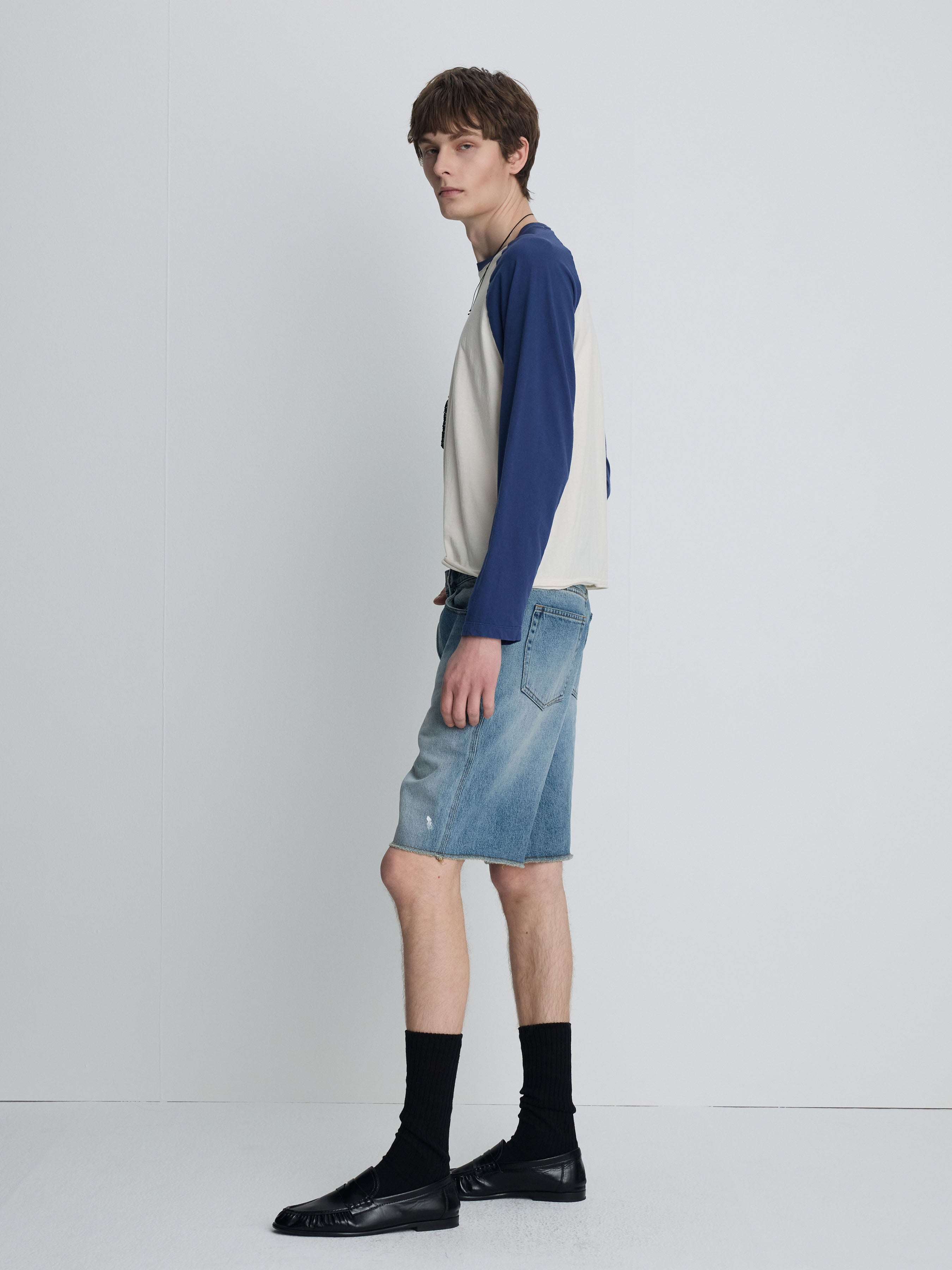 HAND-PAINTED RAW HEM DENIM SHORTS_ VINTAGE BLUE
