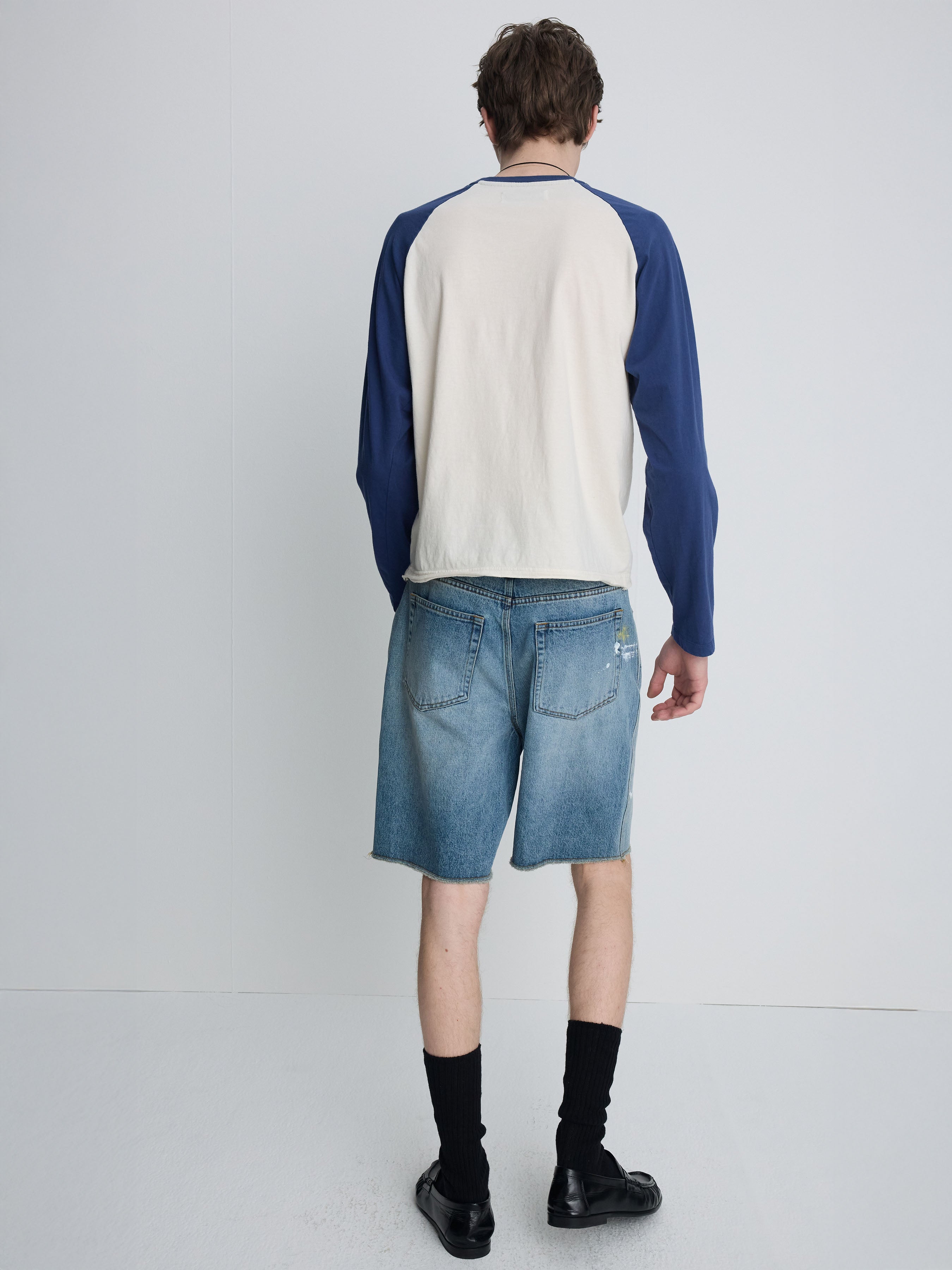 HAND-PAINTED RAW HEM DENIM SHORTS_ VINTAGE BLUE