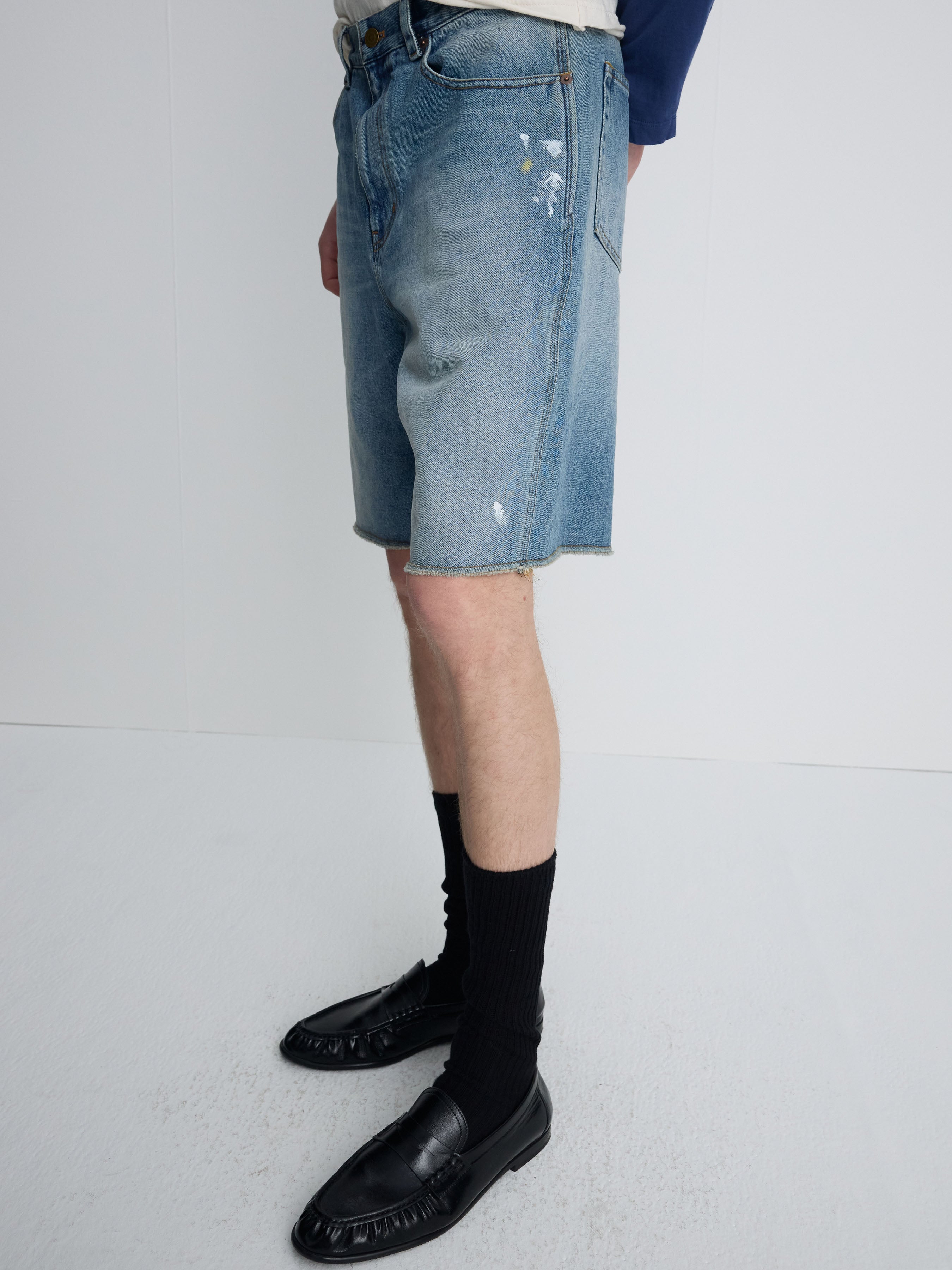 HAND-PAINTED RAW HEM DENIM SHORTS_ VINTAGE BLUE