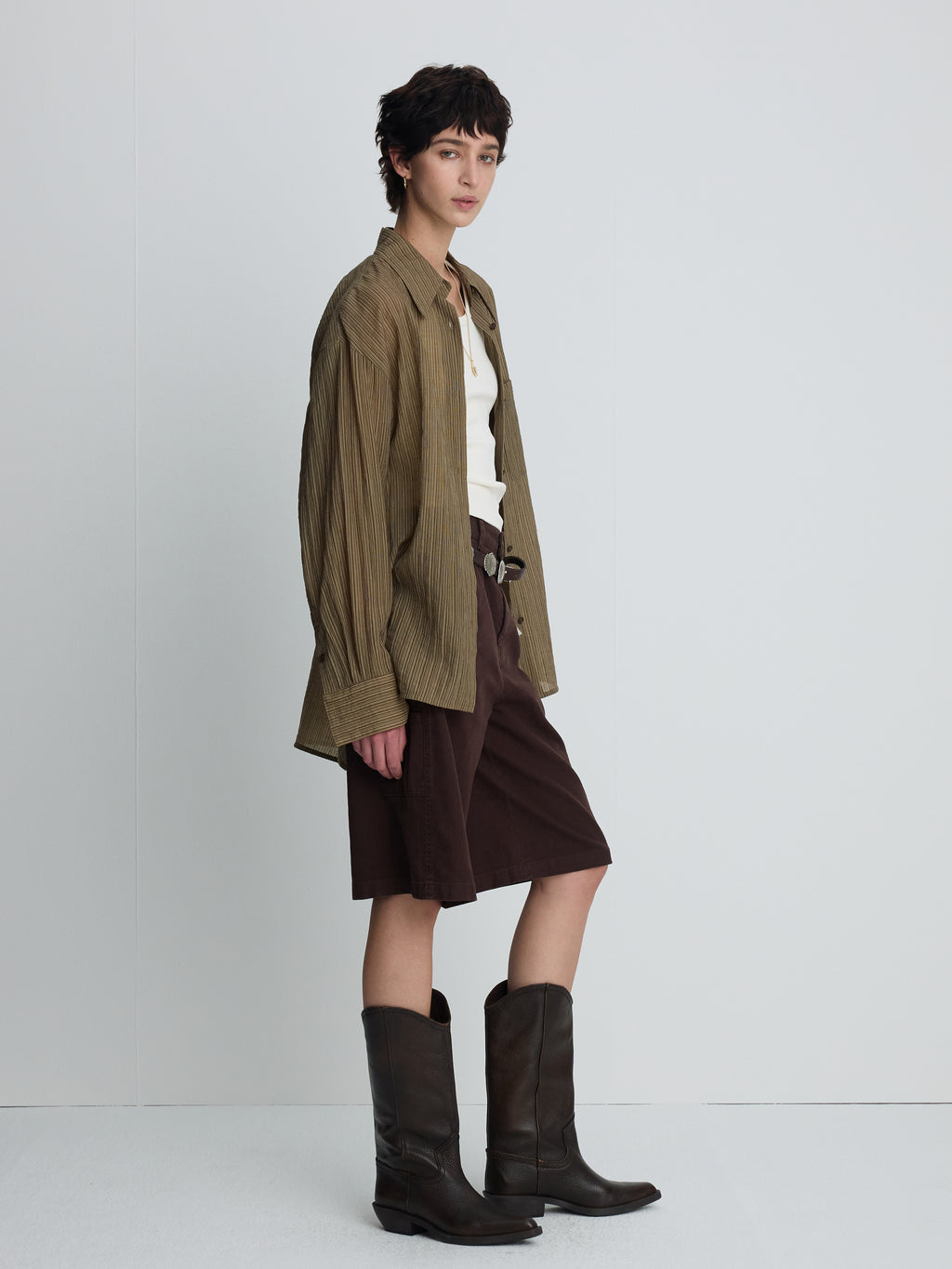 (W) LYOCELL OVERSIZED STRIPE SHIRT_ OLIVE STRIPE