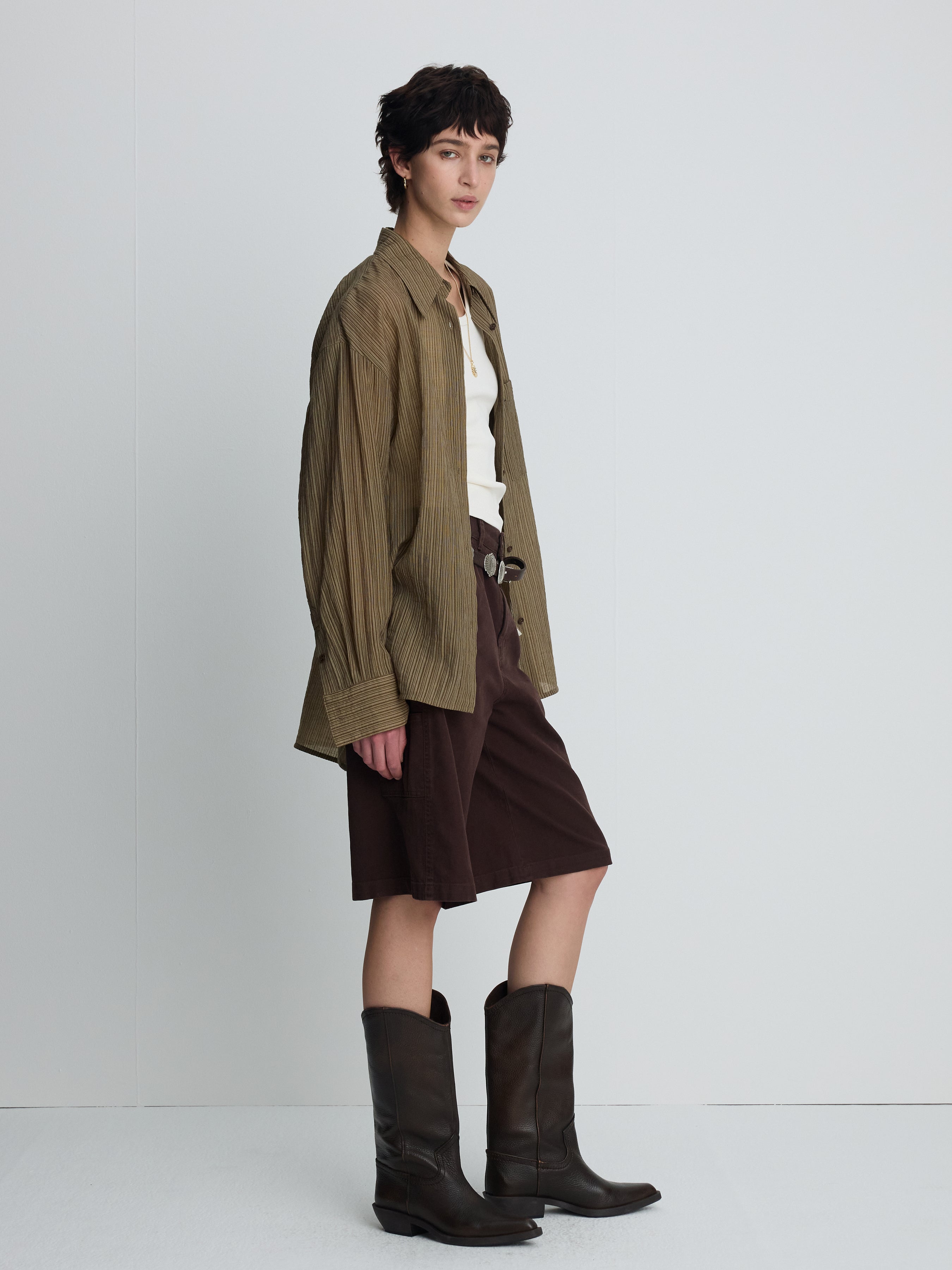 (W) LYOCELL OVERSIZED STRIPE SHIRT_ OLIVE STRIPE