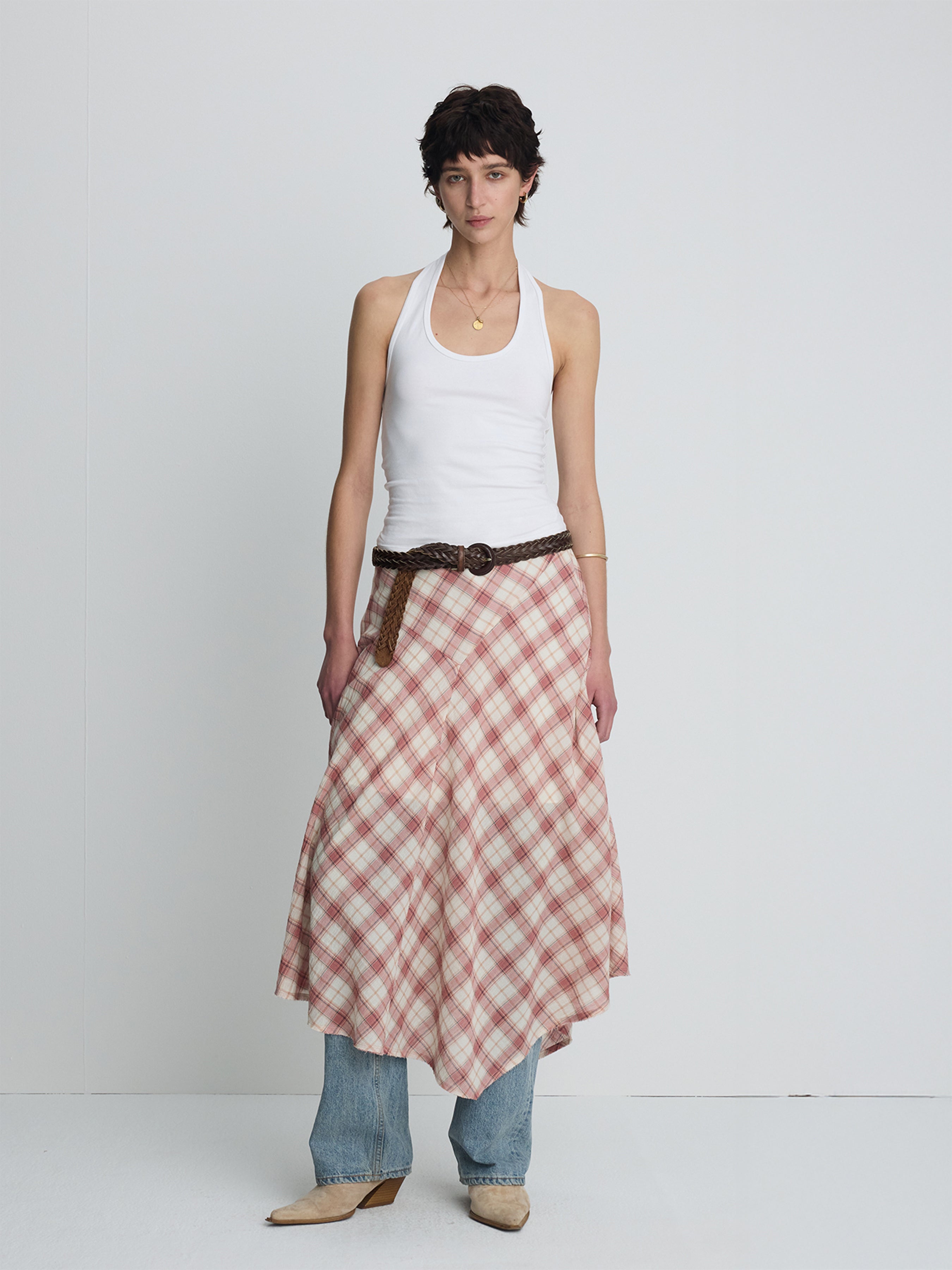 (W) COTTON CHECK PATCHWORK SKIRT_ PINK CHECK
