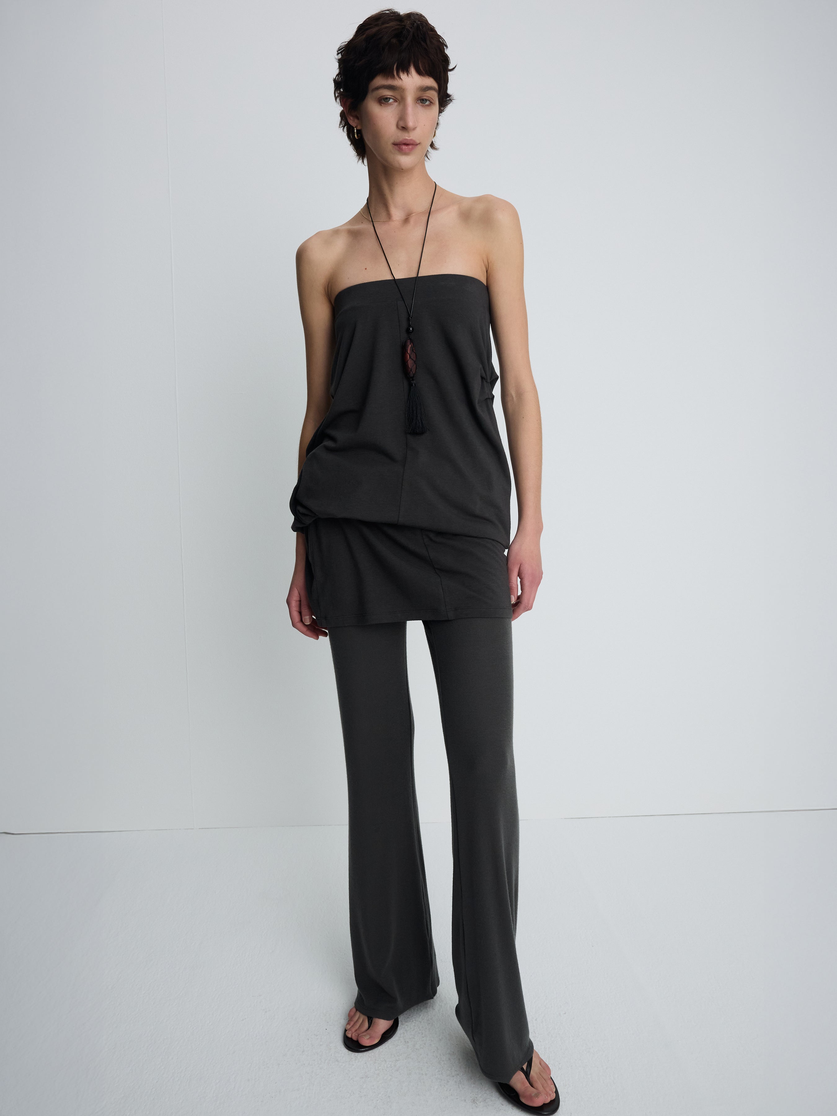 (W) TENCEL RIBBED FLARED PANTS_ OLIVE CHARCOAL