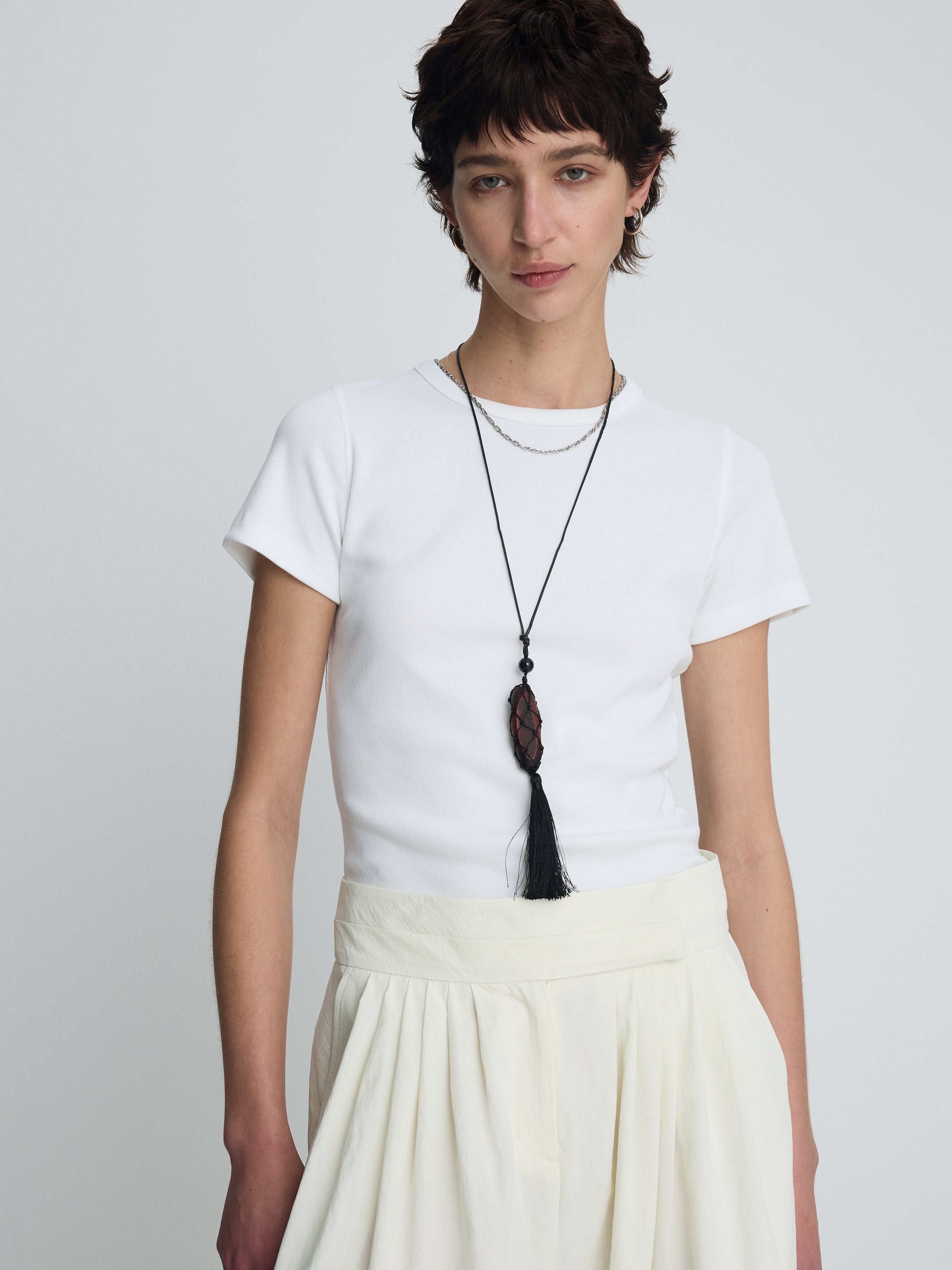 (W) RIBBED HALF SLEEVE T-SHIRTS_ WHITE