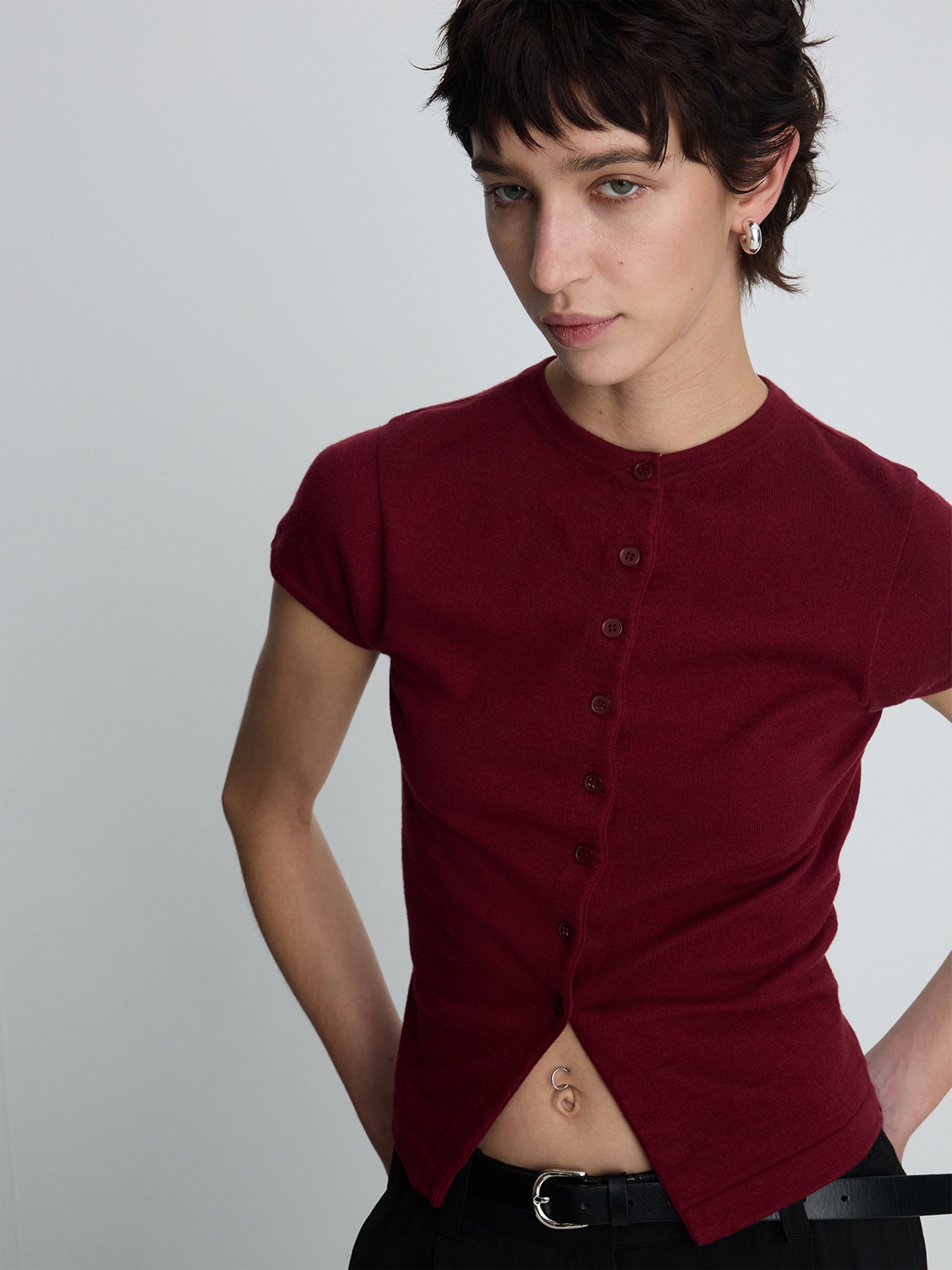 (W) SILK COTTON CAP SLEEVE CARDIGAN_ RED