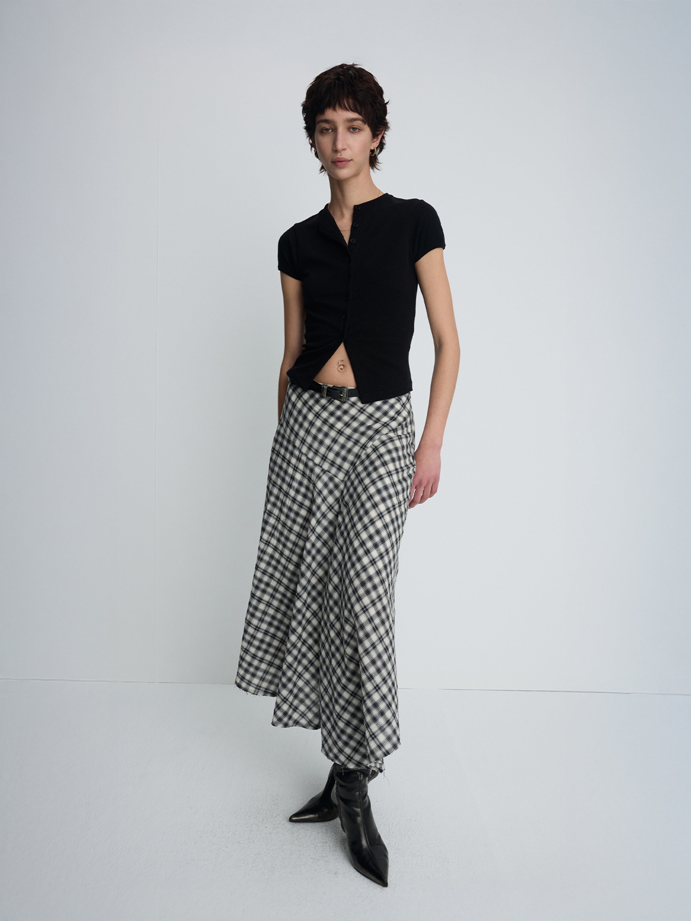 (W) COTTON CHECK PATCHWORK SKIRT_ BLACK CHECK