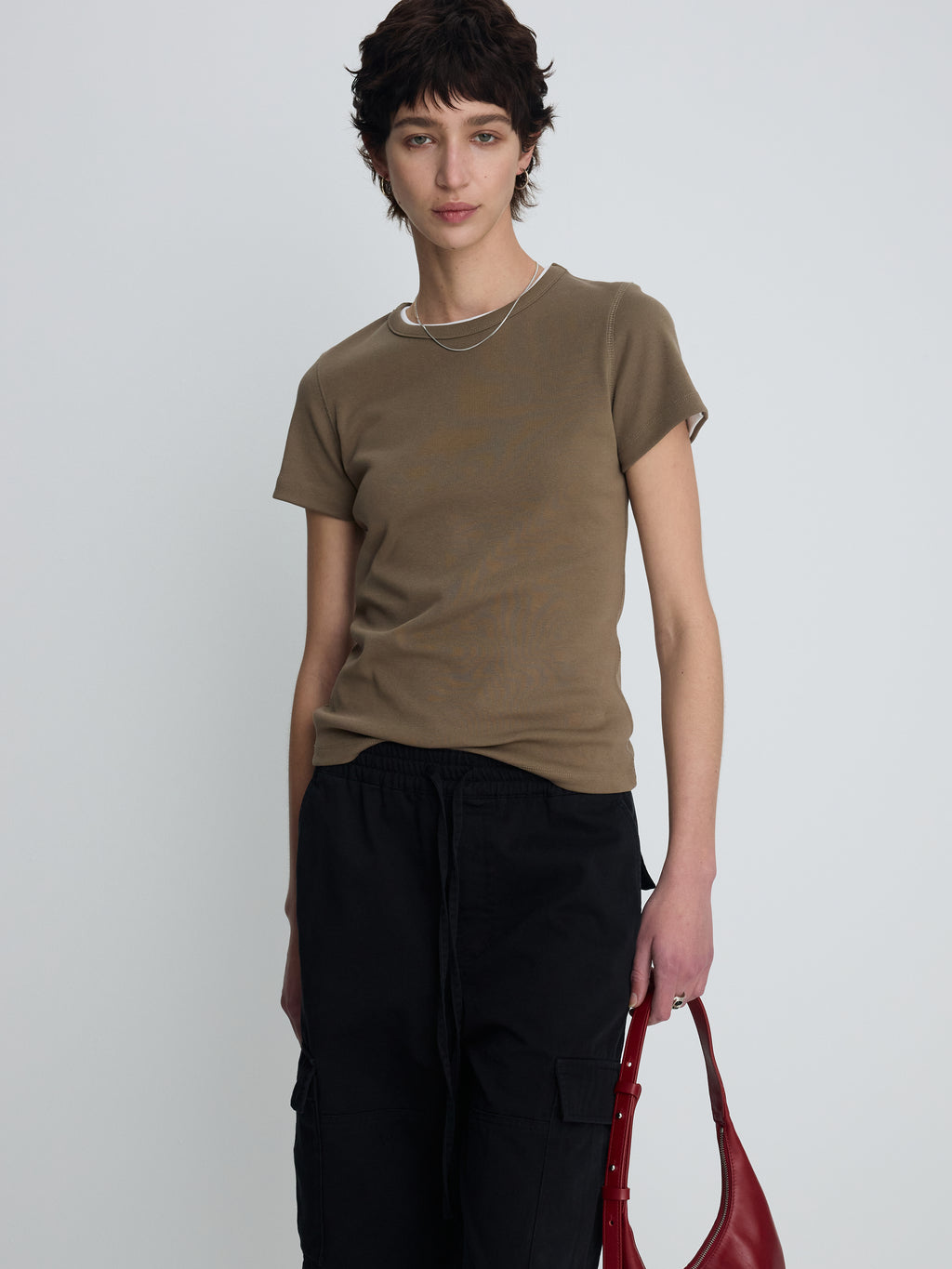 (W) RIBBED HALF SLEEVE T-SHIRTS_ TAUPE
