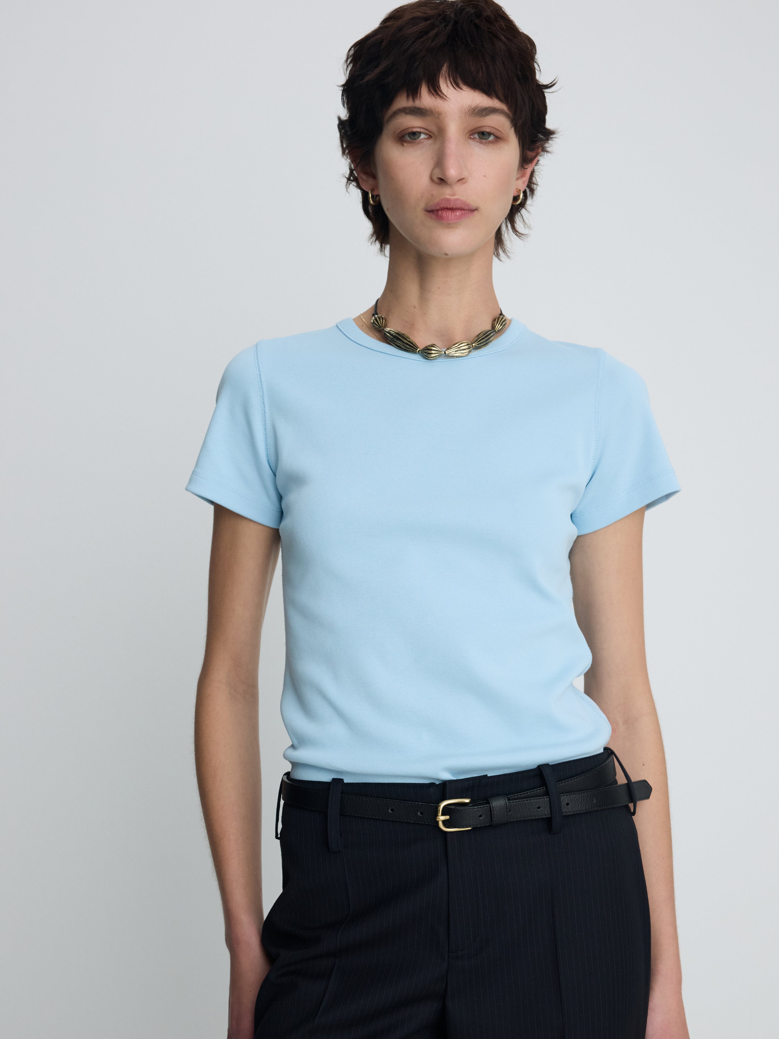 (W) RIBBED HALF SLEEVE T-SHIRTS_ LIGHT BLUE
