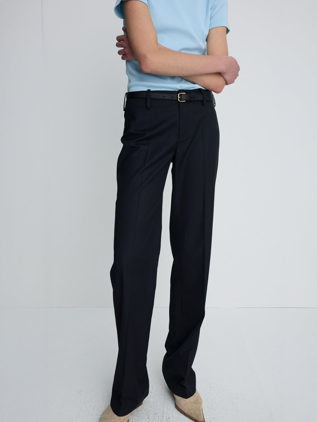 (W) WOOL STRAIGHT TROUSERS_ NAVY PINSTRIPE