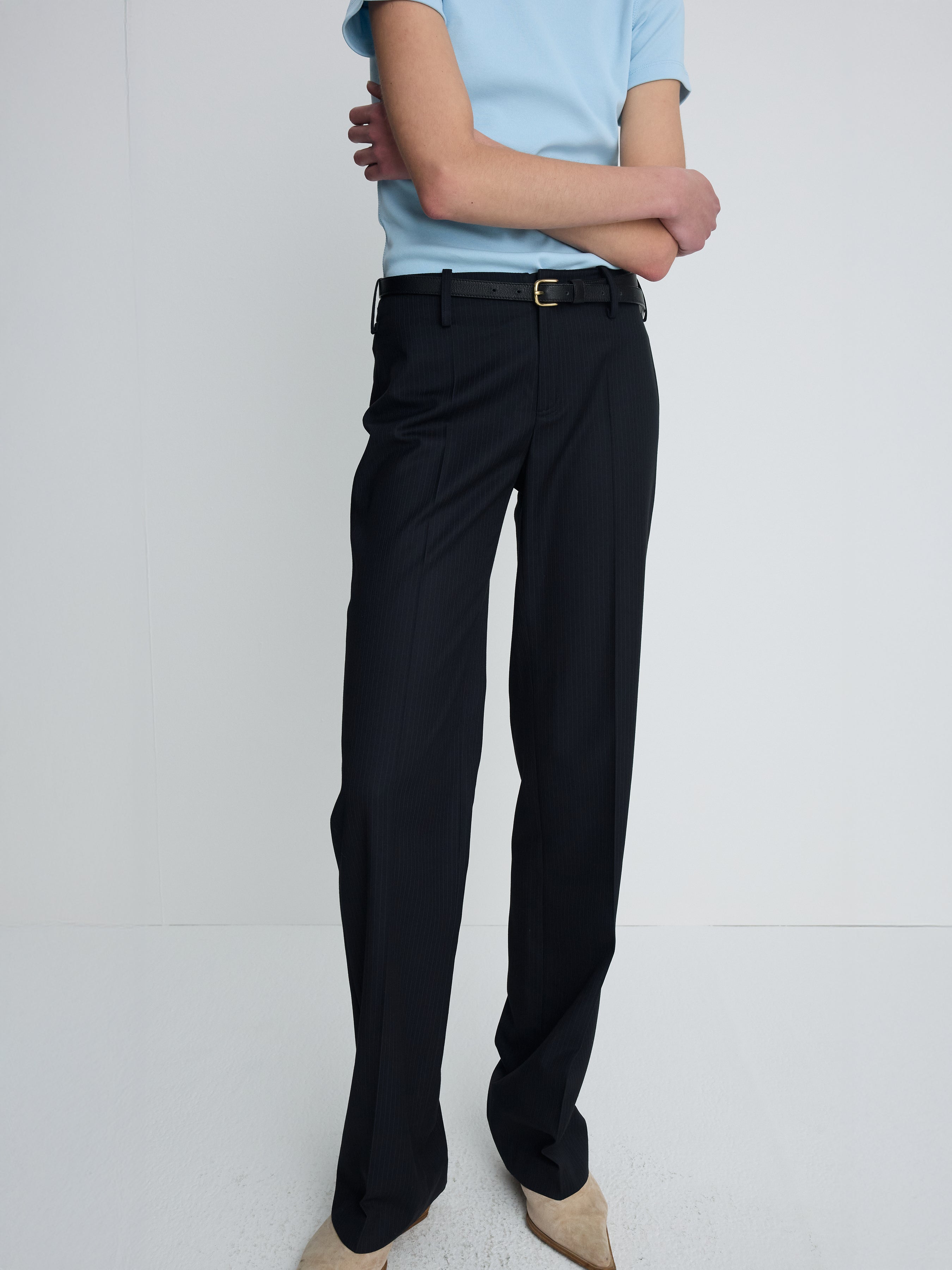 (W) WOOL STRAIGHT TROUSERS_ NAVY PINSTRIPE