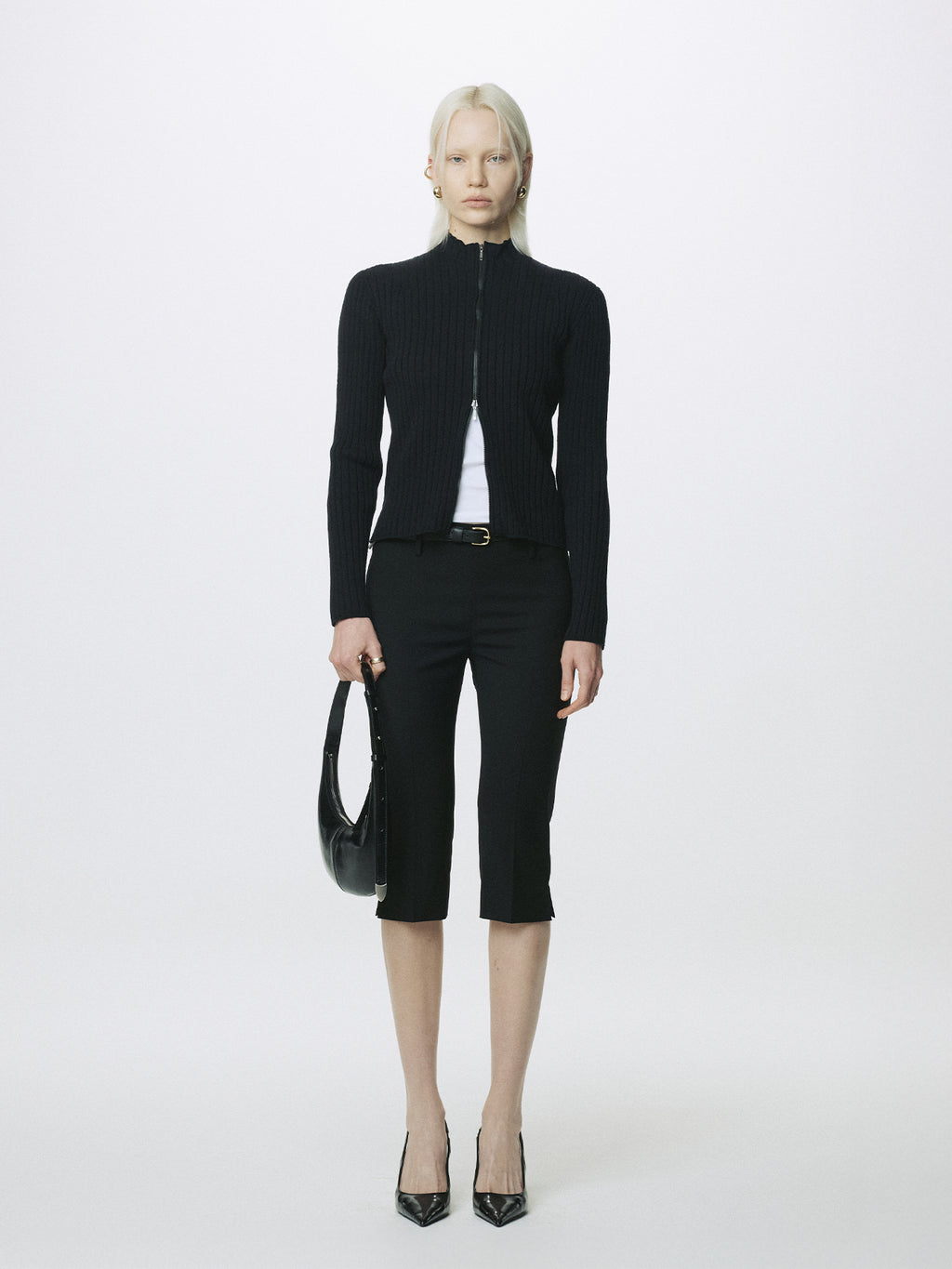 (W) COTTON RIBBED FULL ZIP-UP_ BLACK