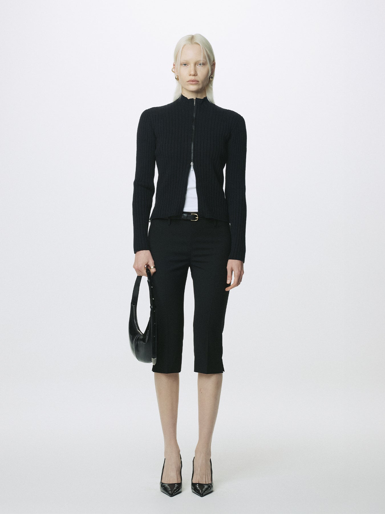 (W) COTTON RIBBED FULL ZIP-UP_ BLACK