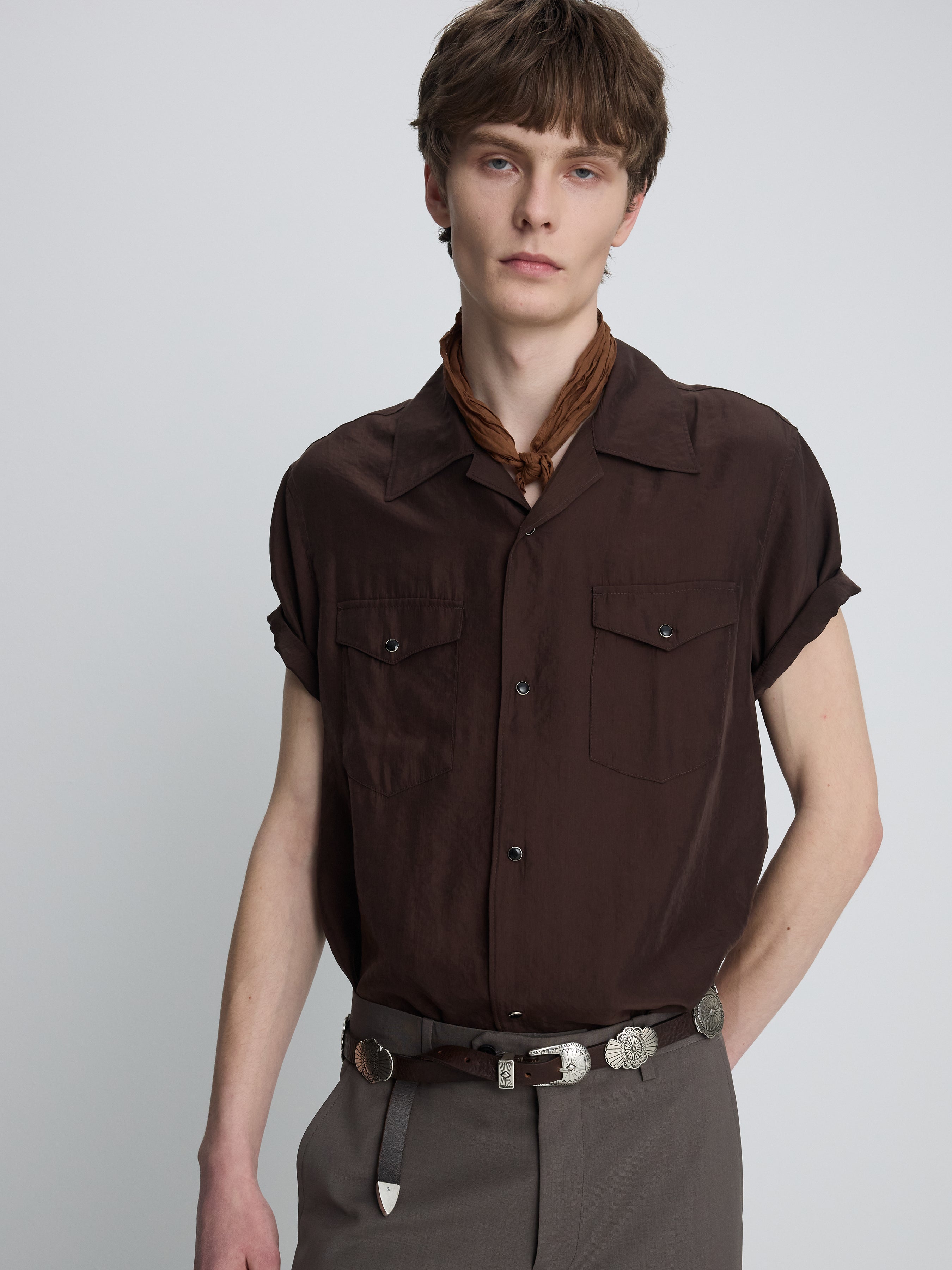 WASHED RAYON PEARL SNAP SHIRT_ BROWN