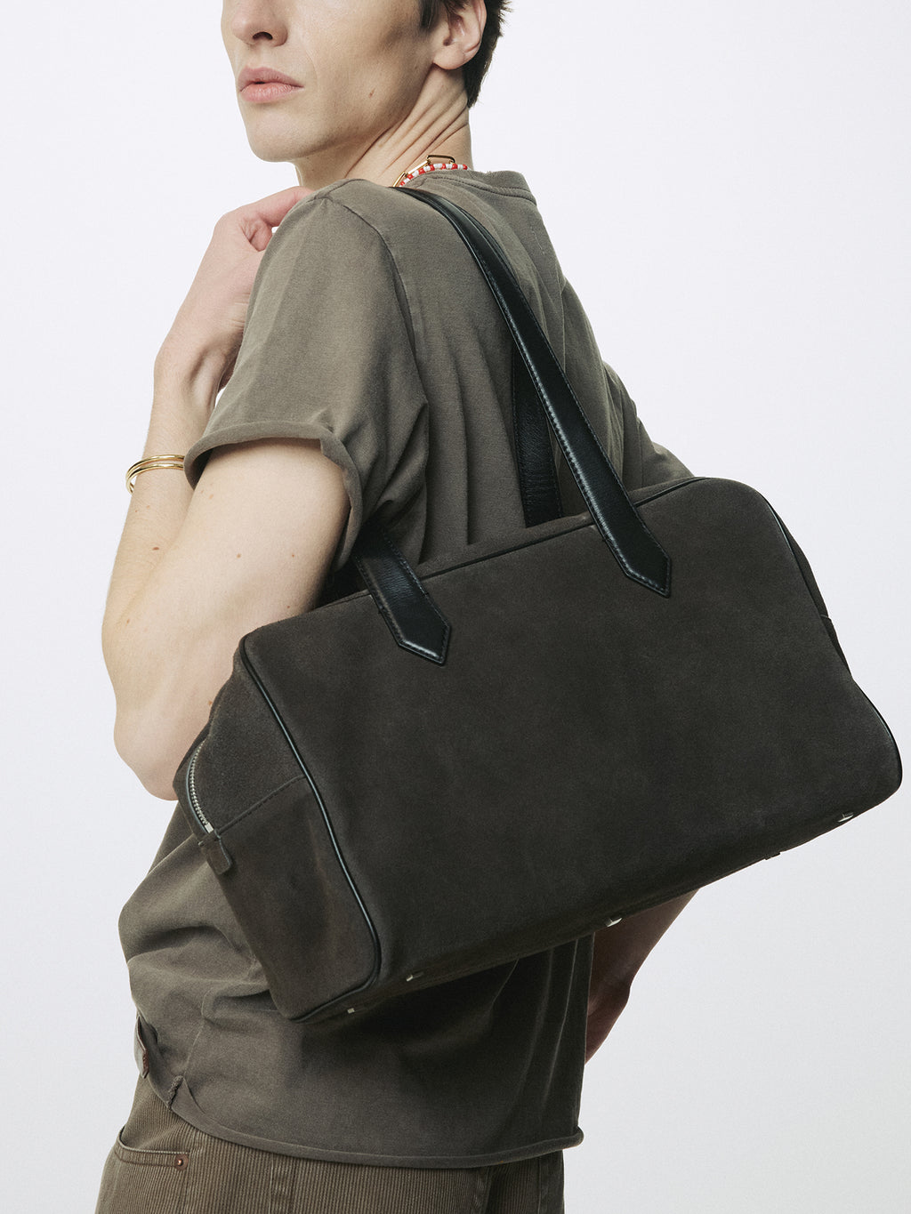 LEATHER TRIM SUEDE SQUARE VALISE BAG_ DARK PECAN