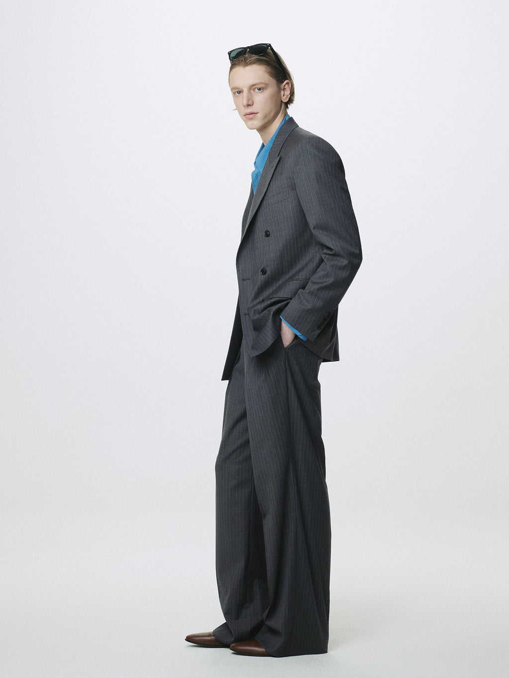 STRIPED WOOL DOUBLE-PLEATED WIDE TROUSERS_ GREY STRIPE