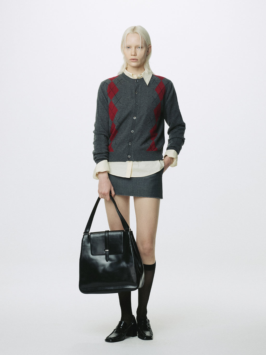 (W) MERINO WOOL ARGYLE CARDIGAN_ GREY/RED