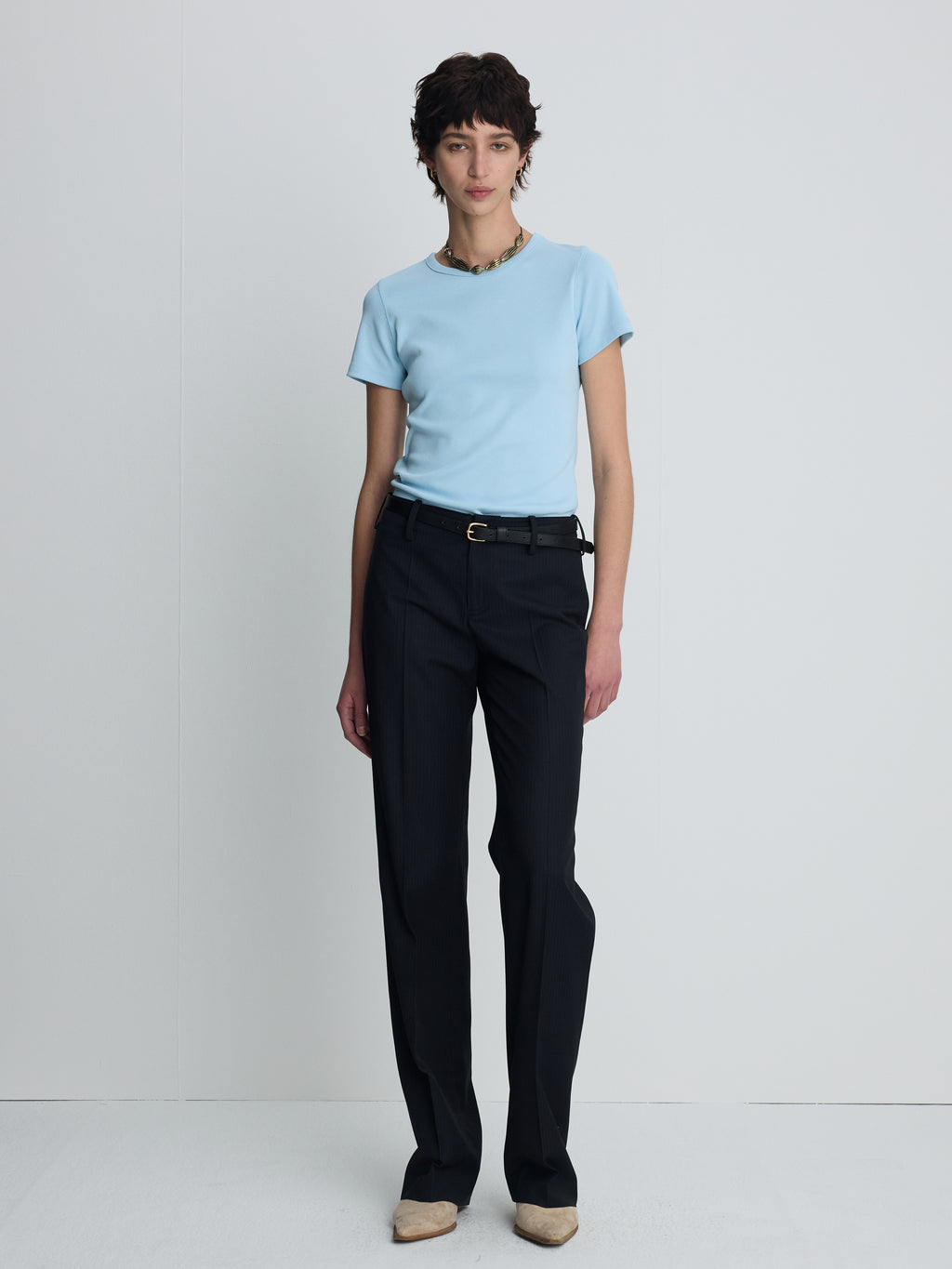 (W) RIBBED HALF SLEEVE T-SHIRTS_ LIGHT BLUE