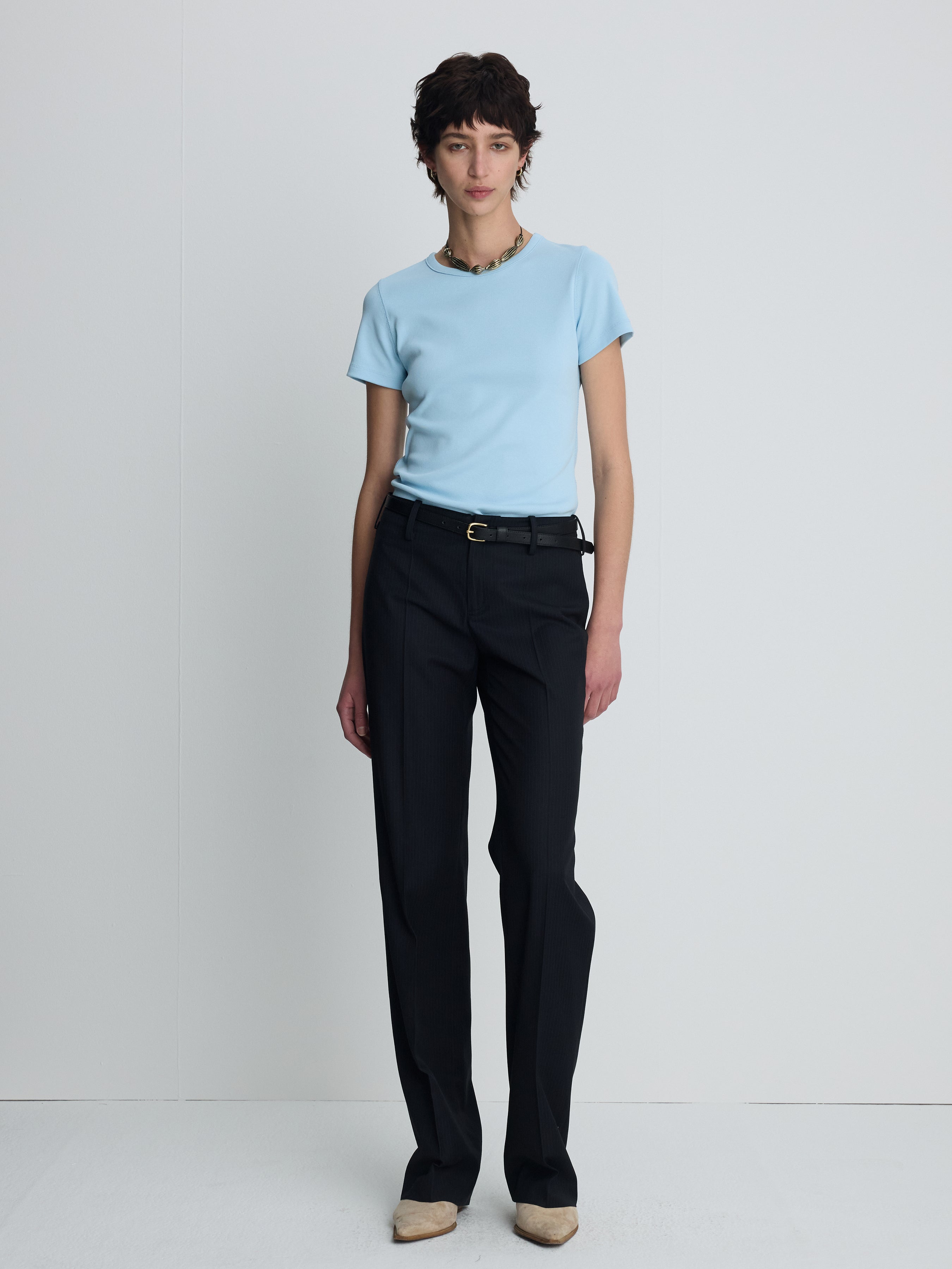 (W) RIBBED HALF SLEEVE T-SHIRTS_ LIGHT BLUE