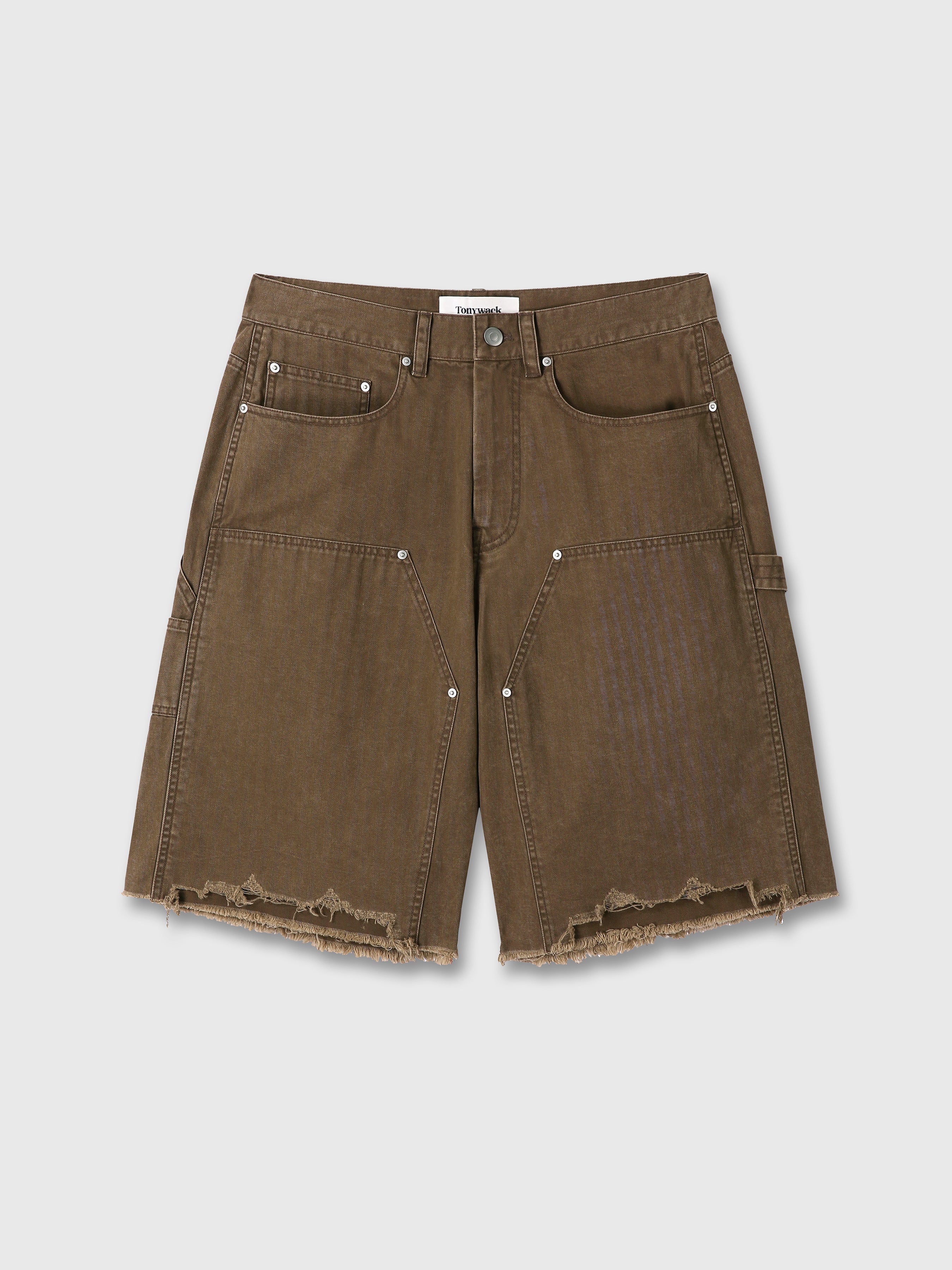 HAND DISTRESSED HBT DOUBLE KNEE SHORTS_ FADED BROWN