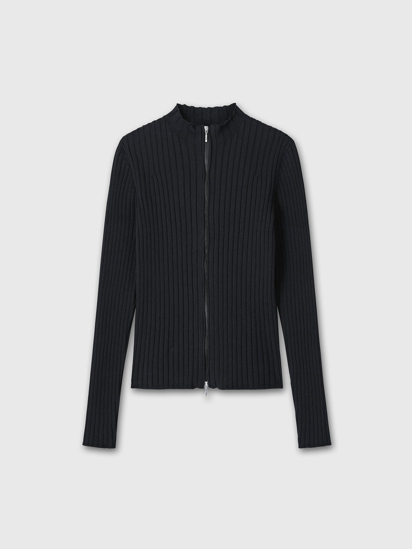(W) COTTON RIBBED FULL ZIP-UP_ BLACK