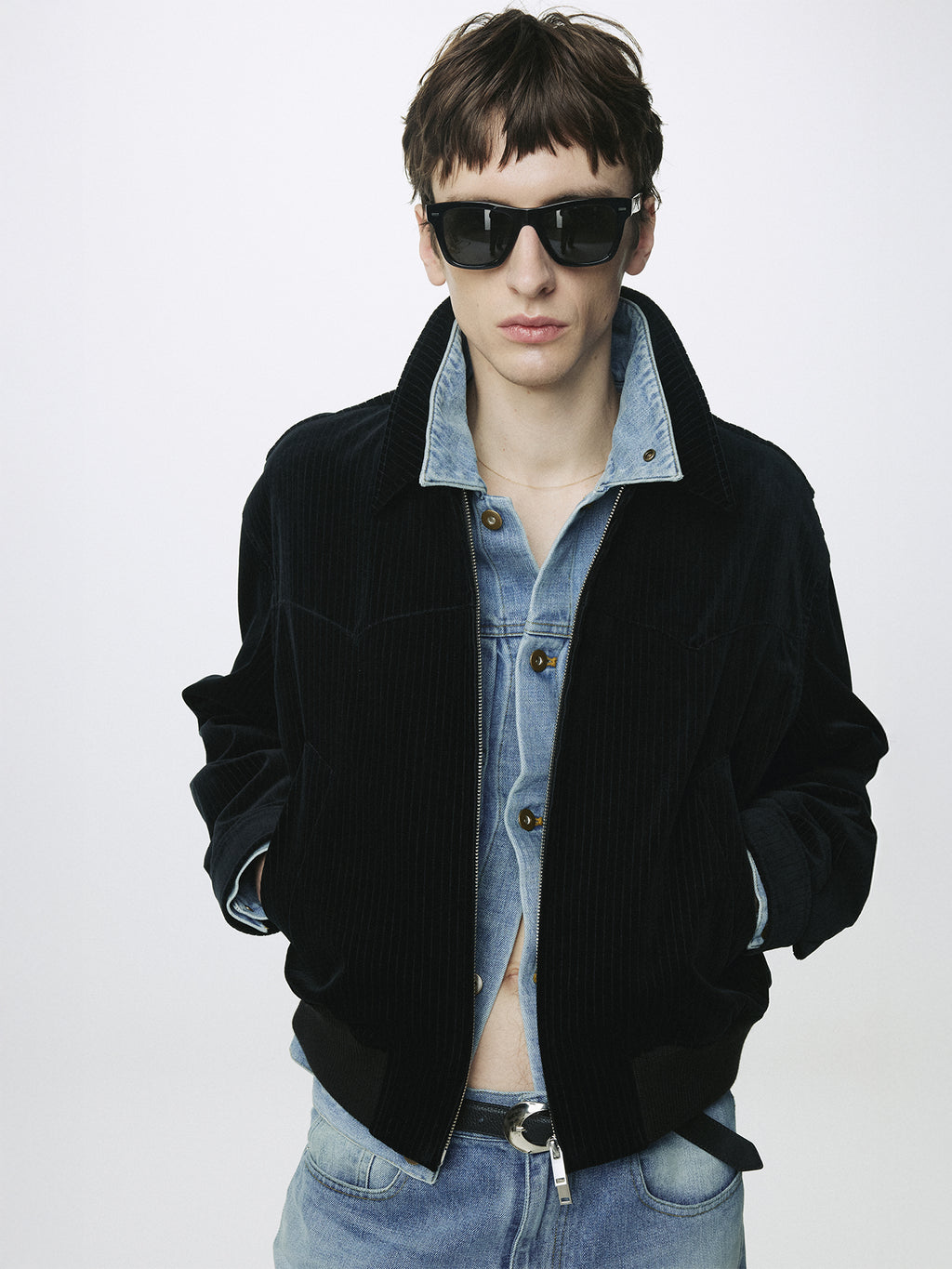 RIBBED VELVET WESTERN BLOUSON_ BLACK