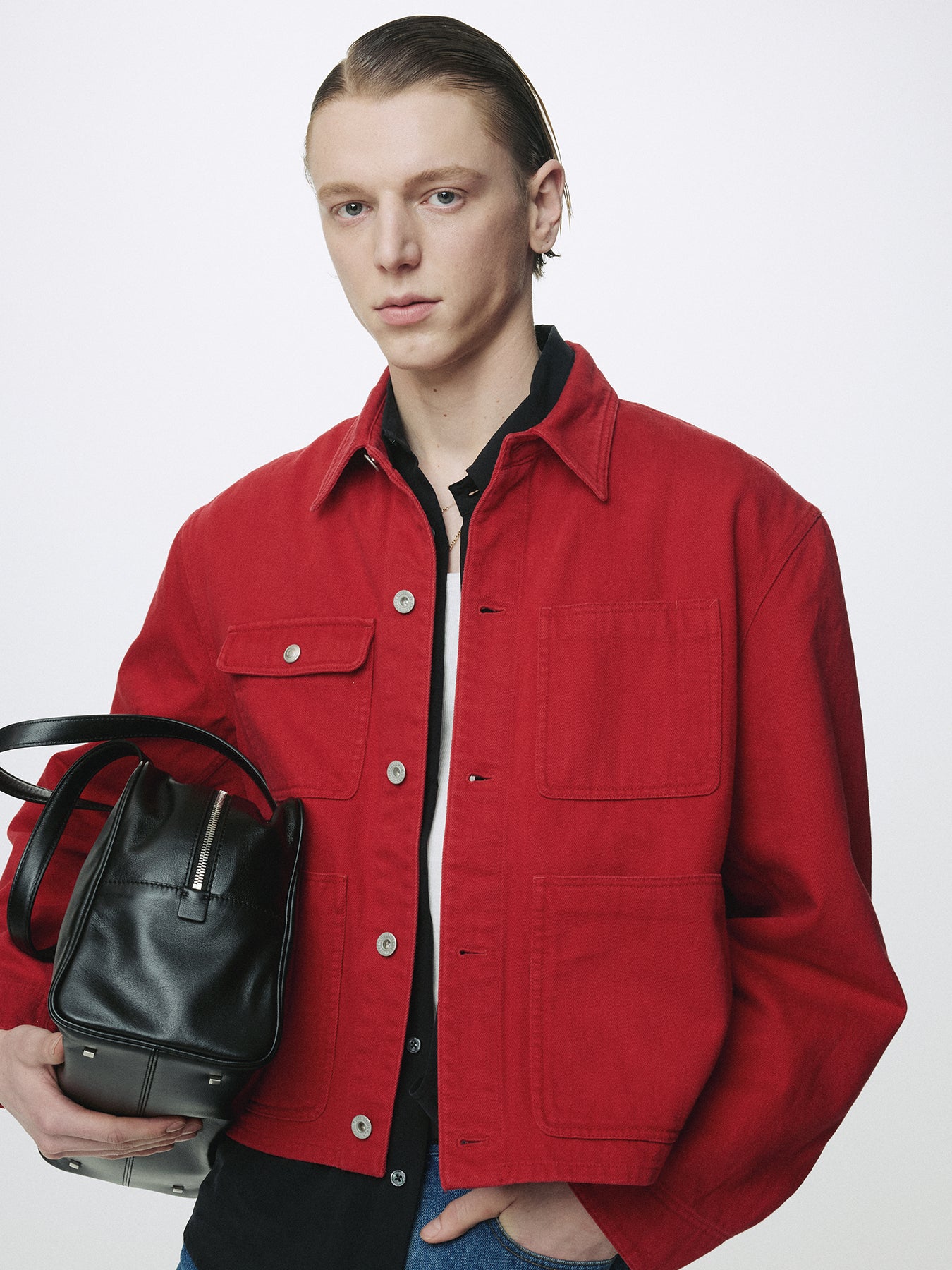 SLUB COTTON CROPPED WORK JACKET_ RED