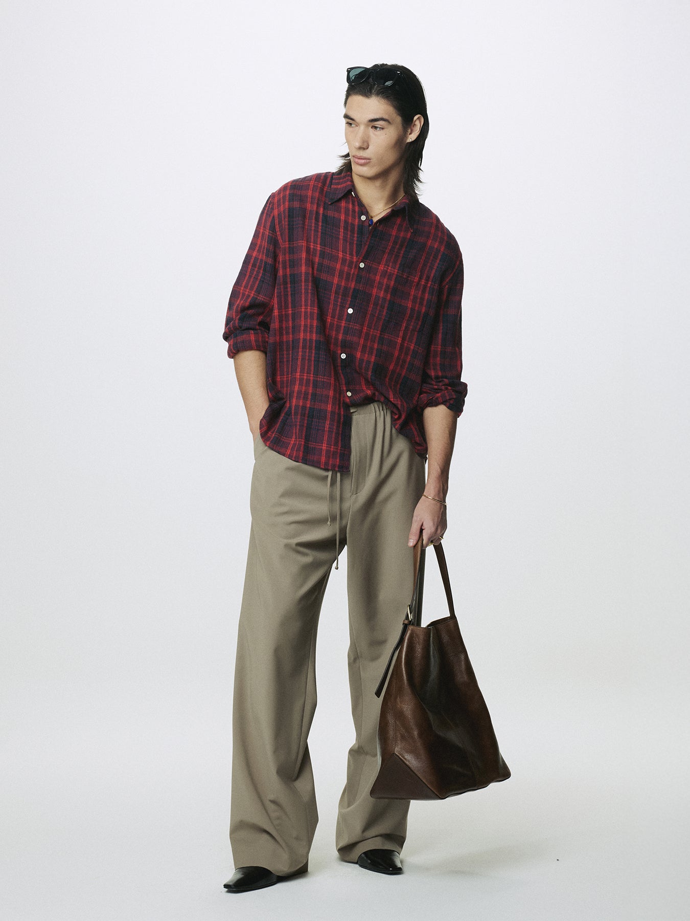 WASHED COTTON BLEND CHECK SHIRT_ RED/BLUE