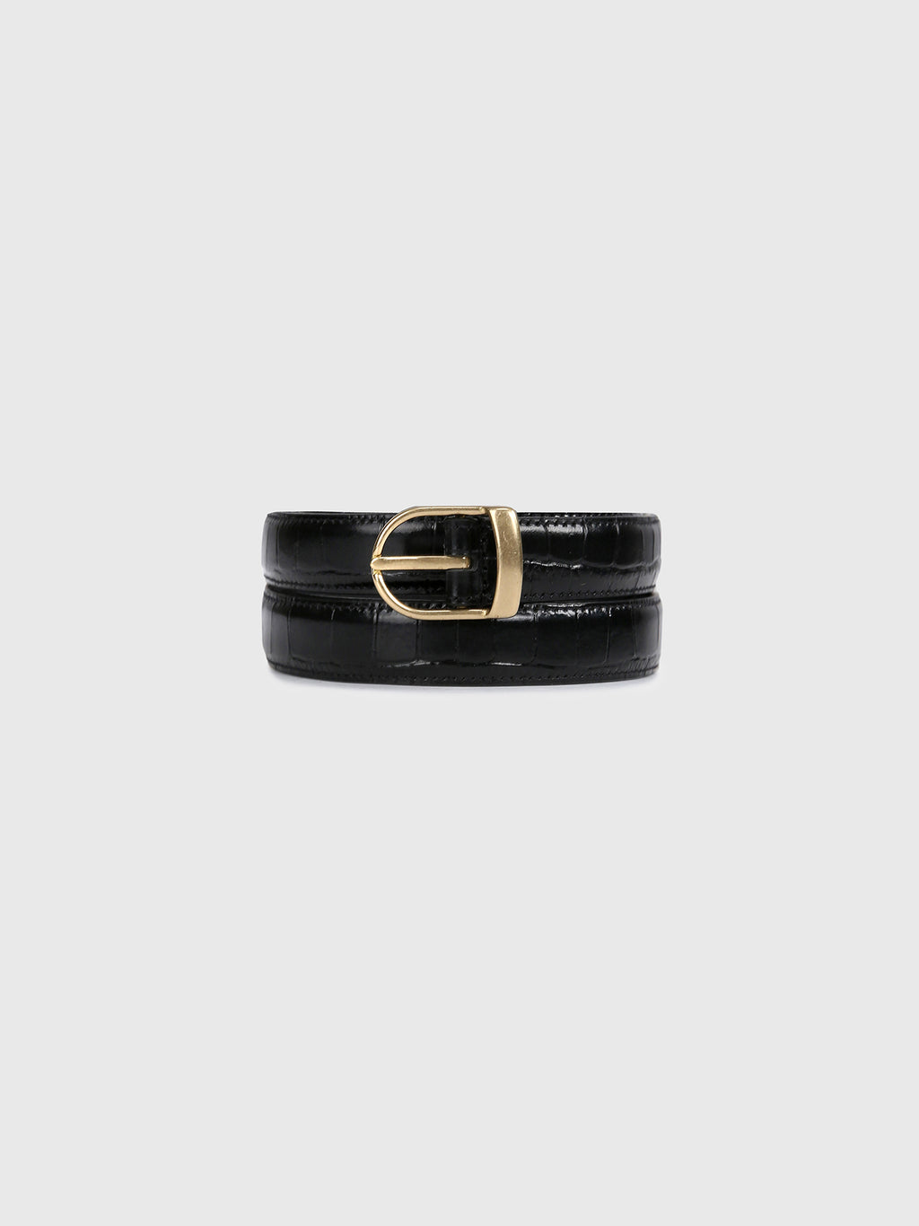 (W) CROCODILE-EMBOSSED LEATHER BRASS BUCKLE BELT_ BLACK