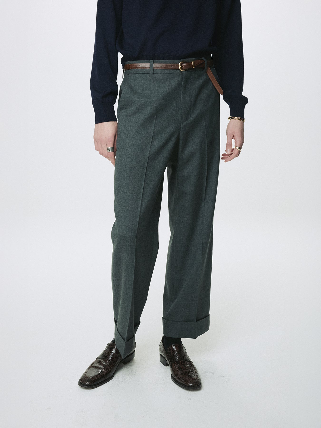 WOOL CUFFED TROUSERS_ MOSS GREY