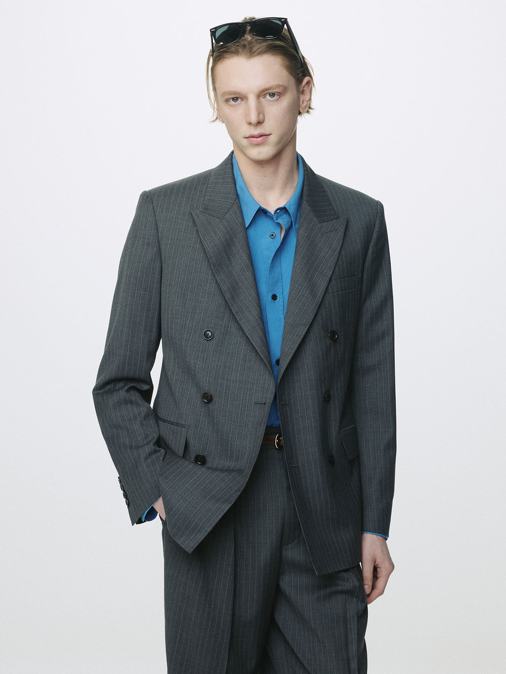 STRIPED WOOL DOUBLE-BREASTED TAILORED JACKET_ GREY STRIPE