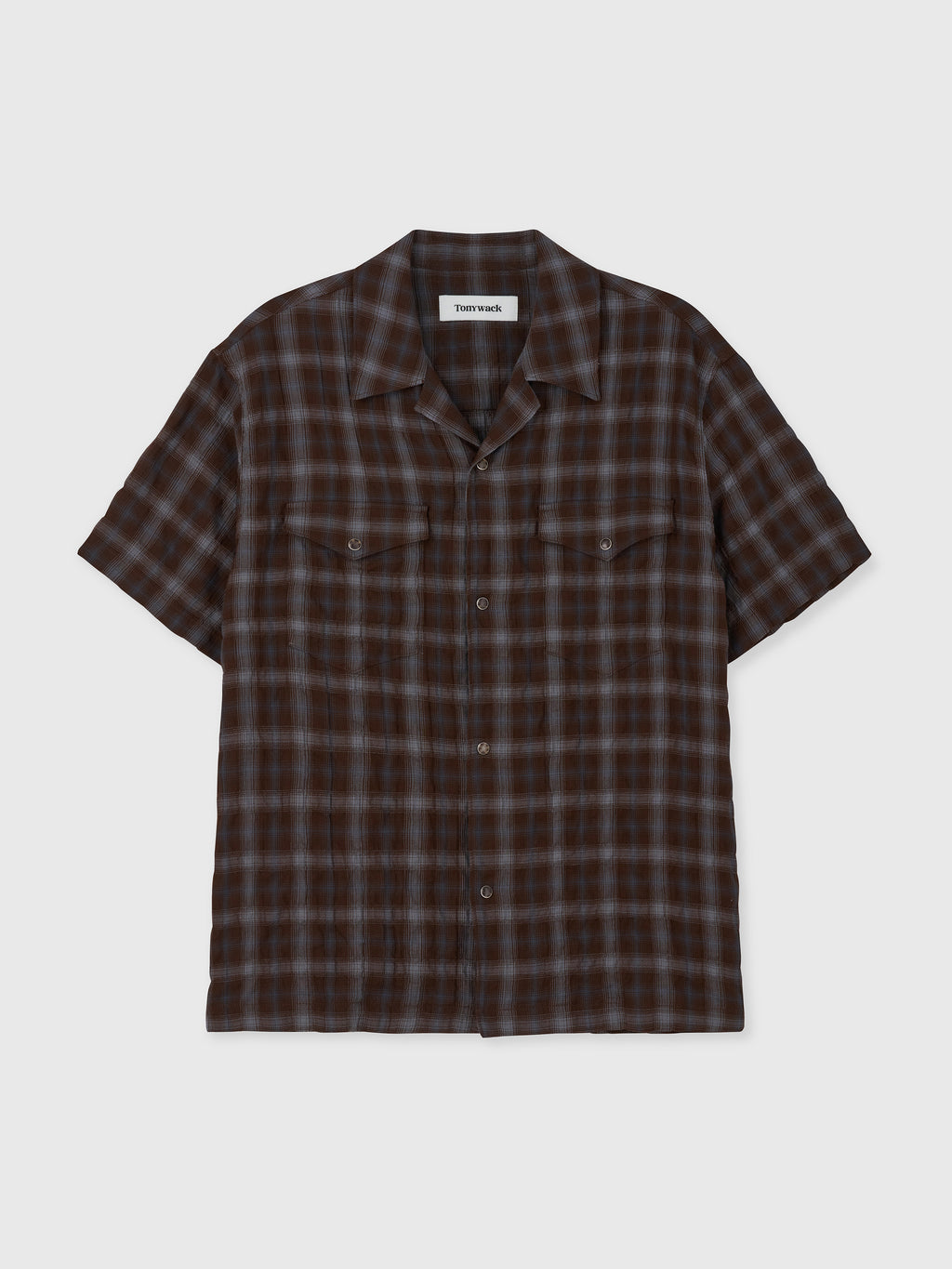 CHECKED COTTON PEARL SNAP SHIRT_ UMBER/SLATE BLUE