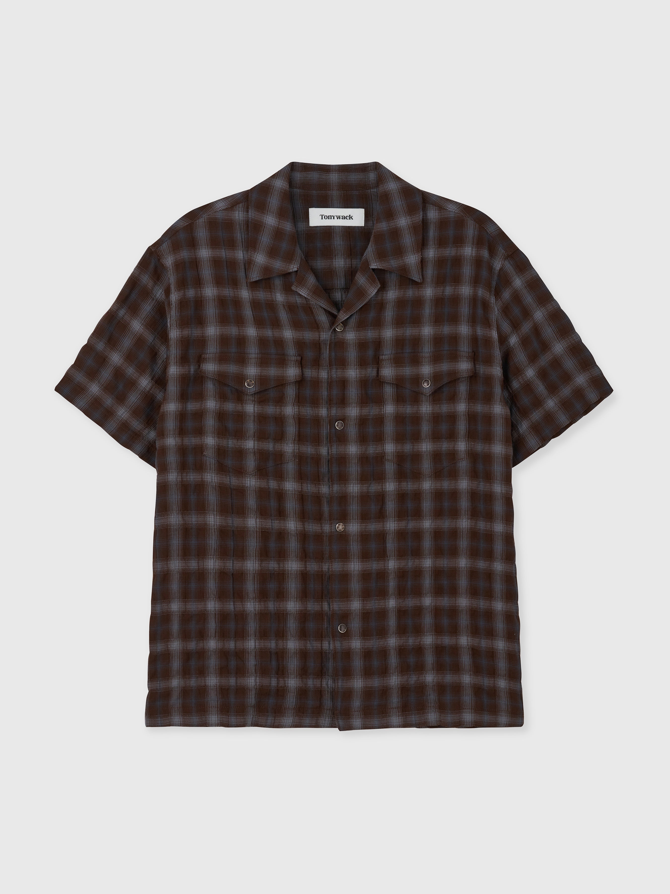 CHECKED COTTON PEARL SNAP SHIRT_ UMBER/SLATE BLUE