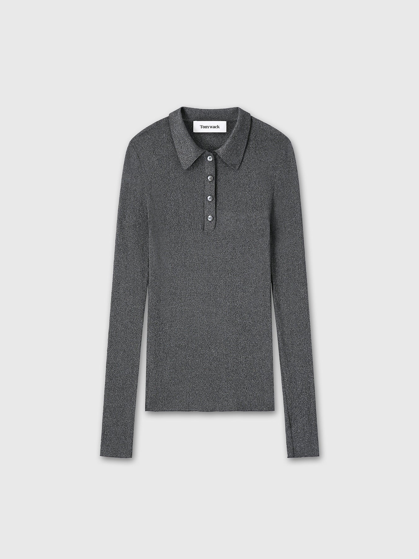 (W) GLITTER RIBBED KNIT POLO SHIRT_ CHARCOAL