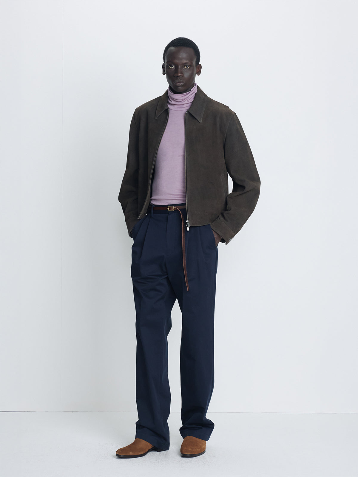COTTON DRILL PLEATED CHINO PANTS_ NAVY