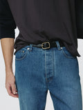 OVAL GOLDEN BRASS BUCKLE LEATHER BELT_ BLACK