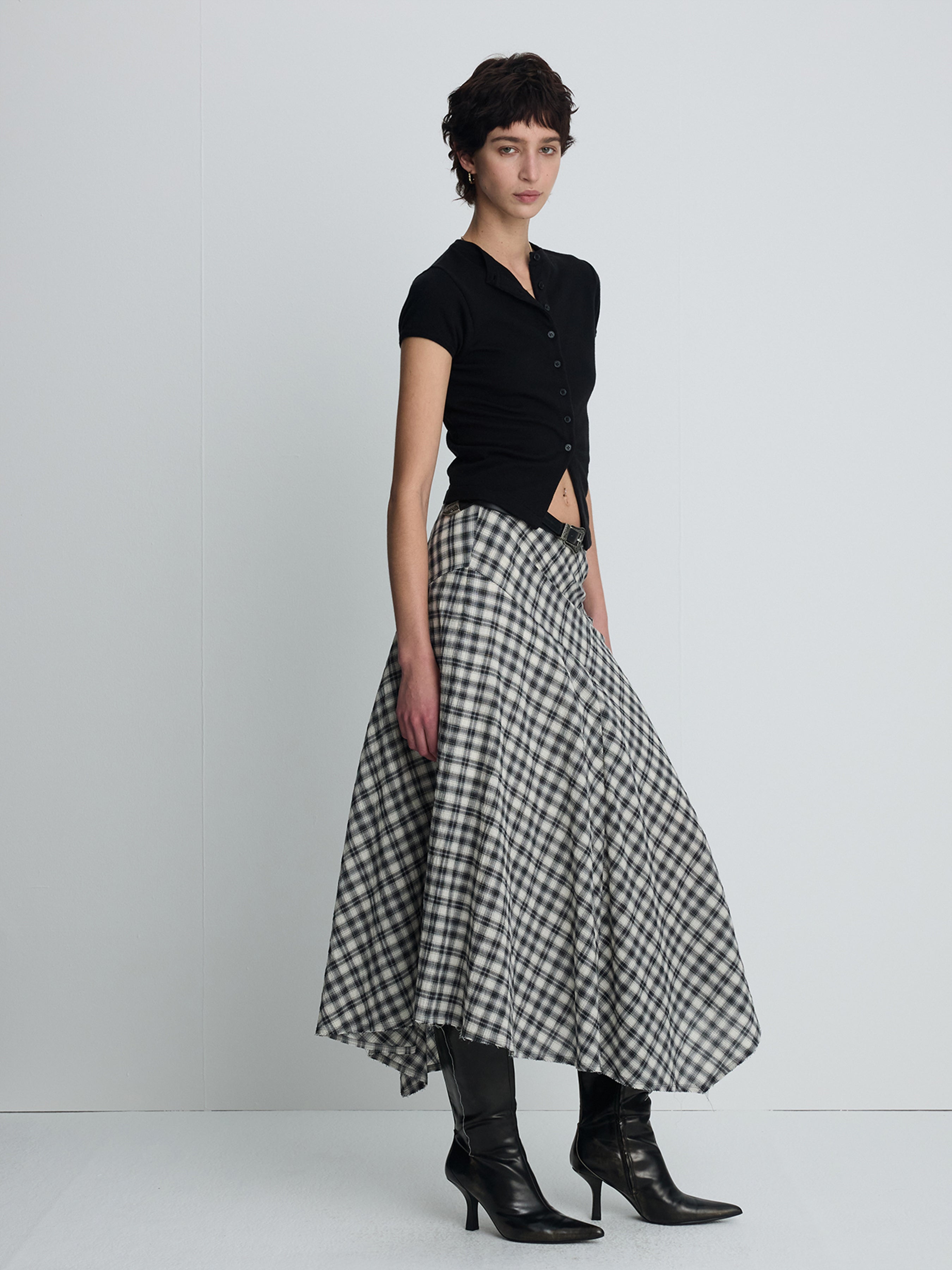 (W) COTTON CHECK PATCHWORK SKIRT_ BLACK CHECK