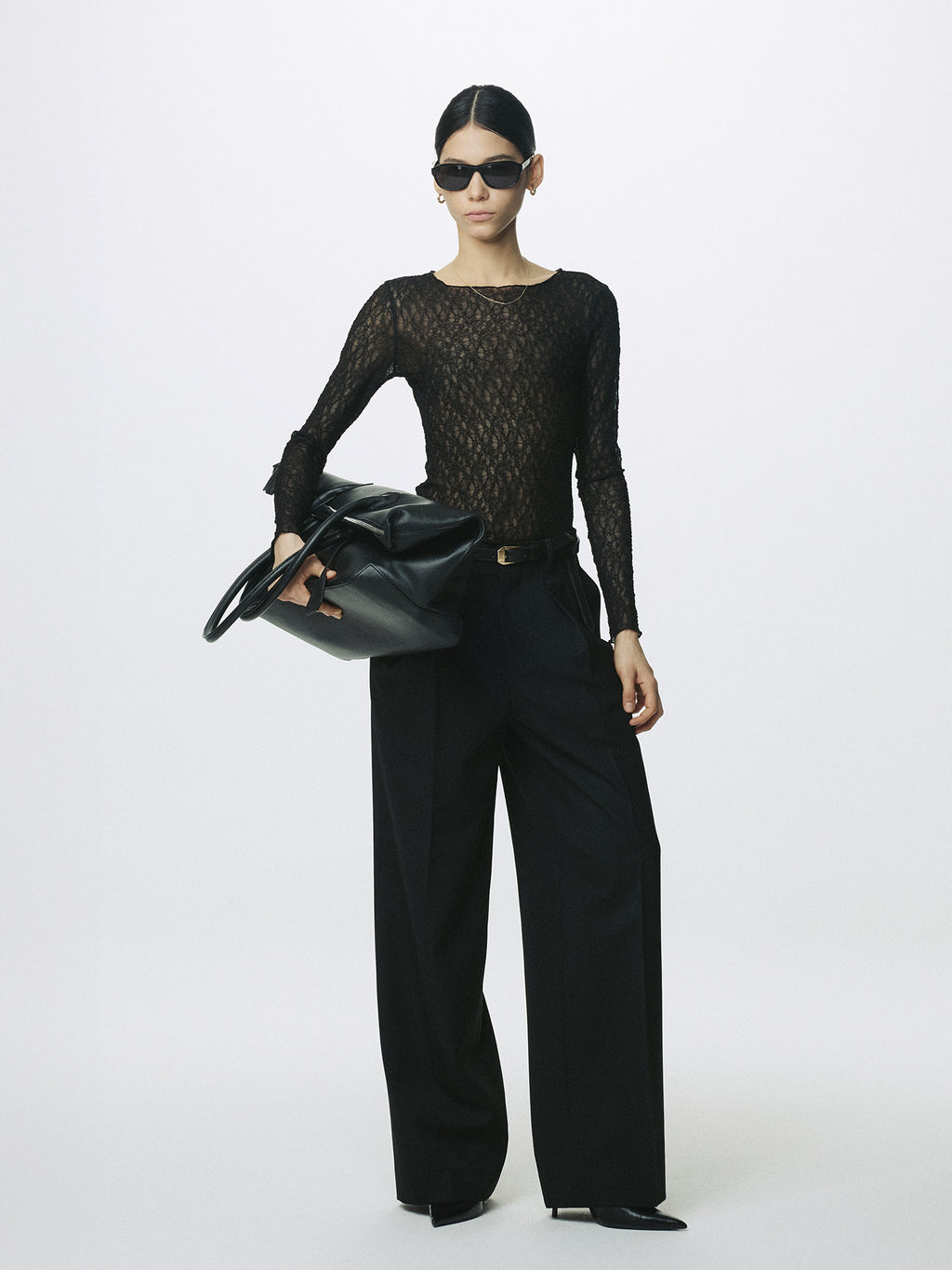 (W) WOOL DOUBLE-PLEATED WIDE TROUSERS_ BLACK