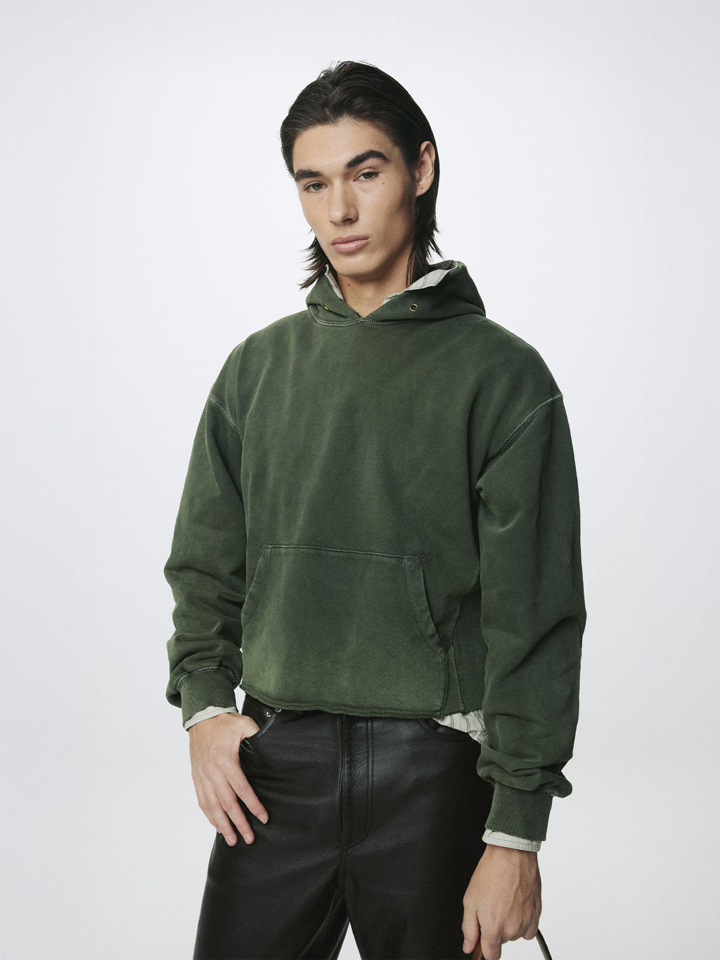 GARMENT DYED RAW EDGE HOODIE_ FADED GREEN