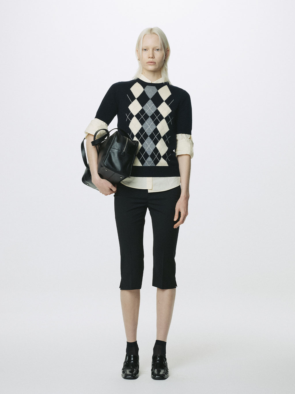 (W) SUPERFINE WOOL ARGYLE CREW NECK SWEATER_ NAVY WAX YELLOW