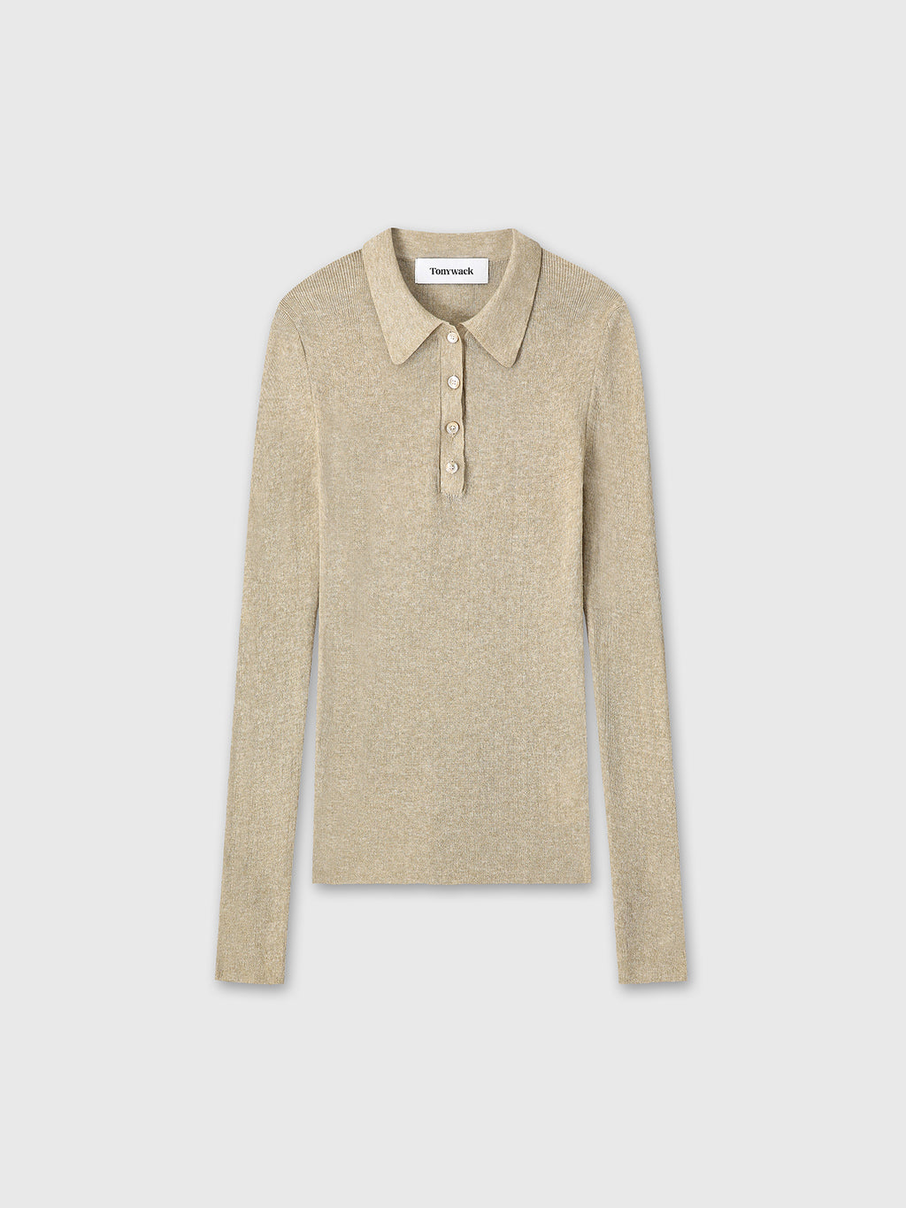 (W) GLITTER RIBBED KNIT POLO SHIRT_ GREENISH BEIGE