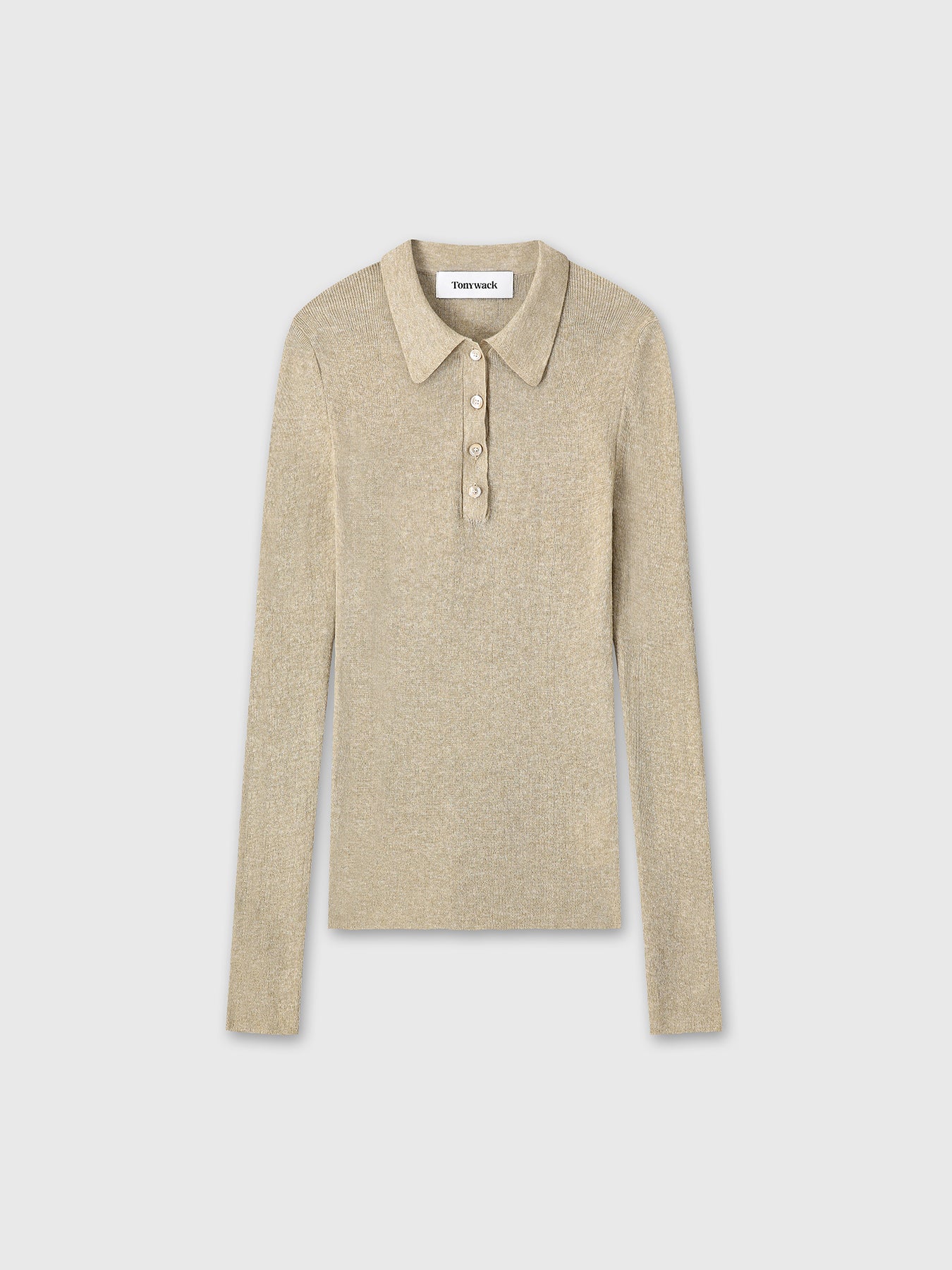 (W) GLITTER RIBBED KNIT POLO SHIRT_ GREENISH BEIGE