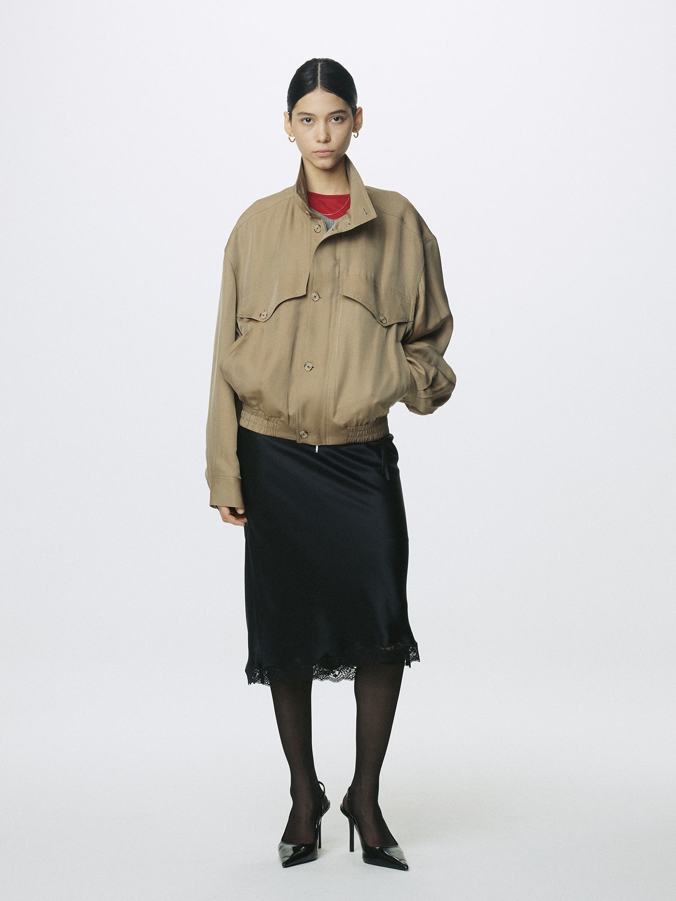 (W) SILK MIDI SKIRT_ BLACK