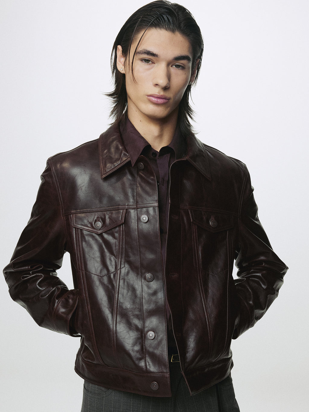 AGED LAMB LEATHER TRUCKER JACKET_ BROWN