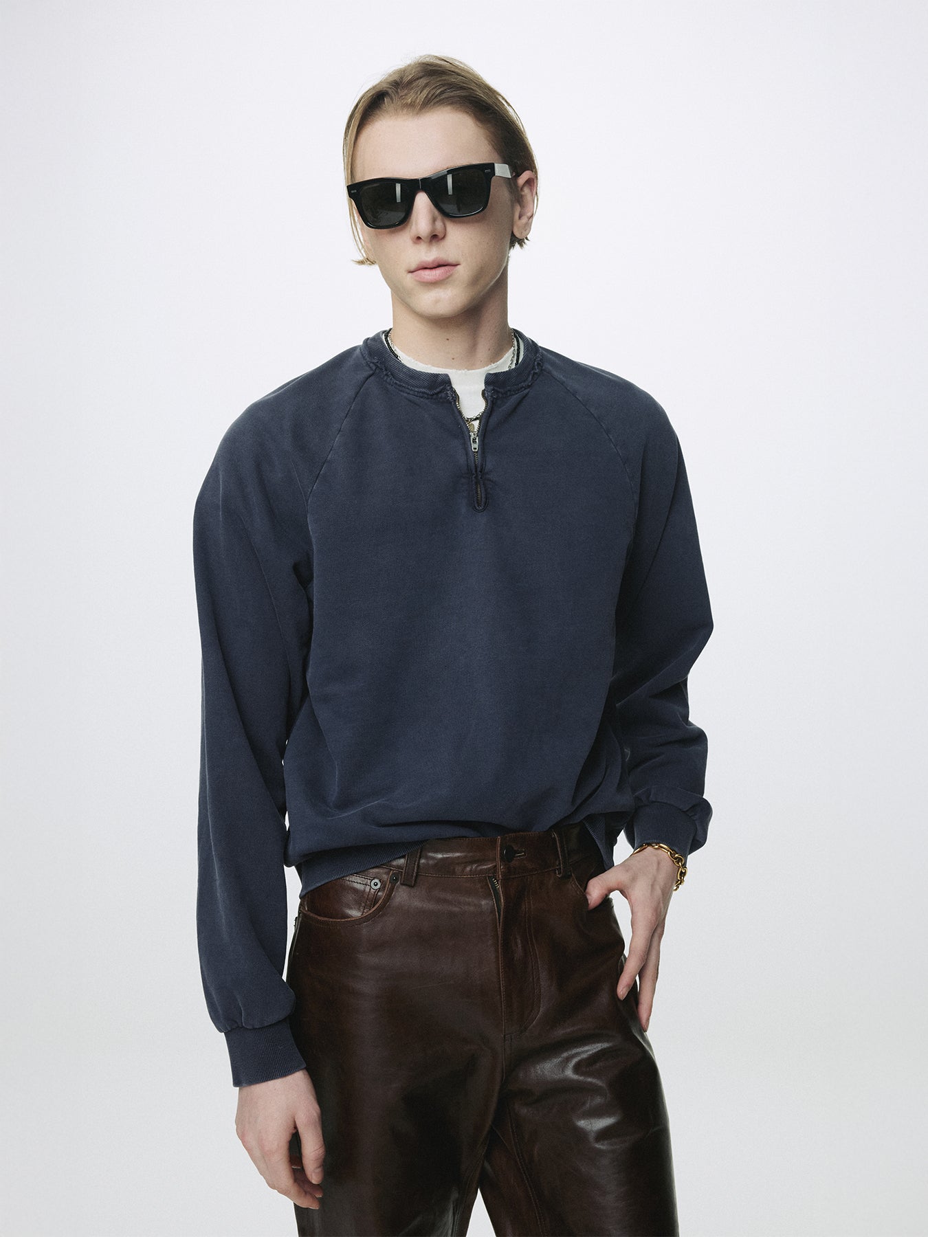 GARMENT DYED ZIP SWEATSHIRT_ FADED NAVY
