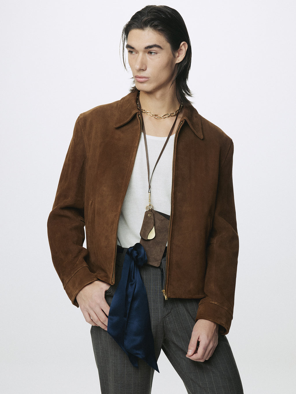 GOAT SUEDE BUCKLE ZIP JACKET_ CAMEL BROWN