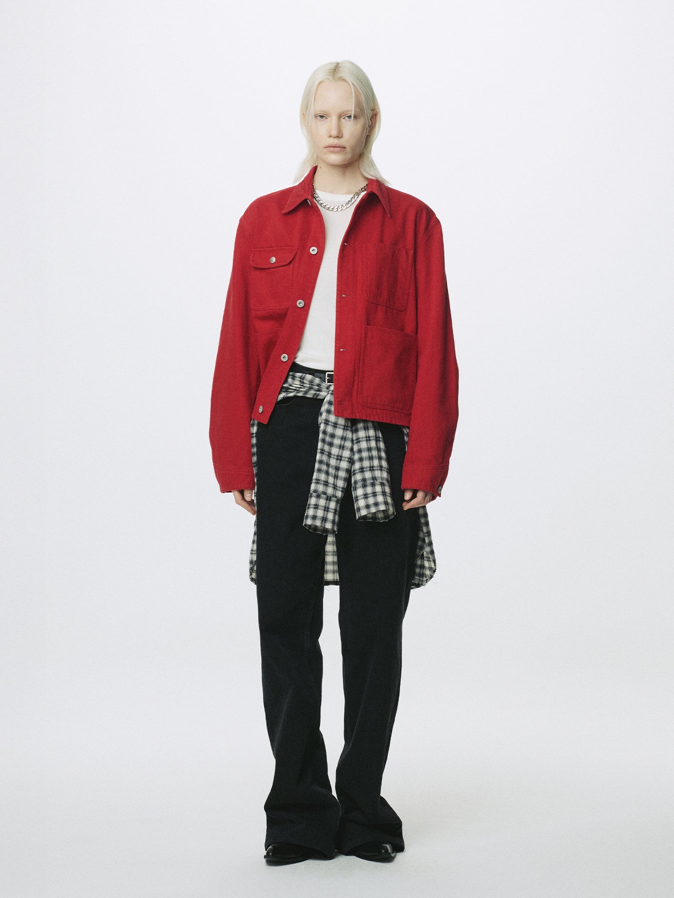 (W) SLUB COTTON CROPPED WORK JACKET_ RED