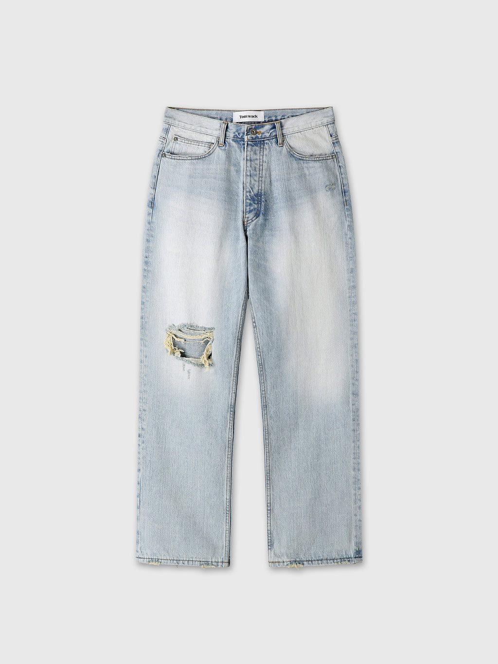 DISTRESSED LOOSE STRAIGHT DENIM JEANS_ LIGHT BLUE