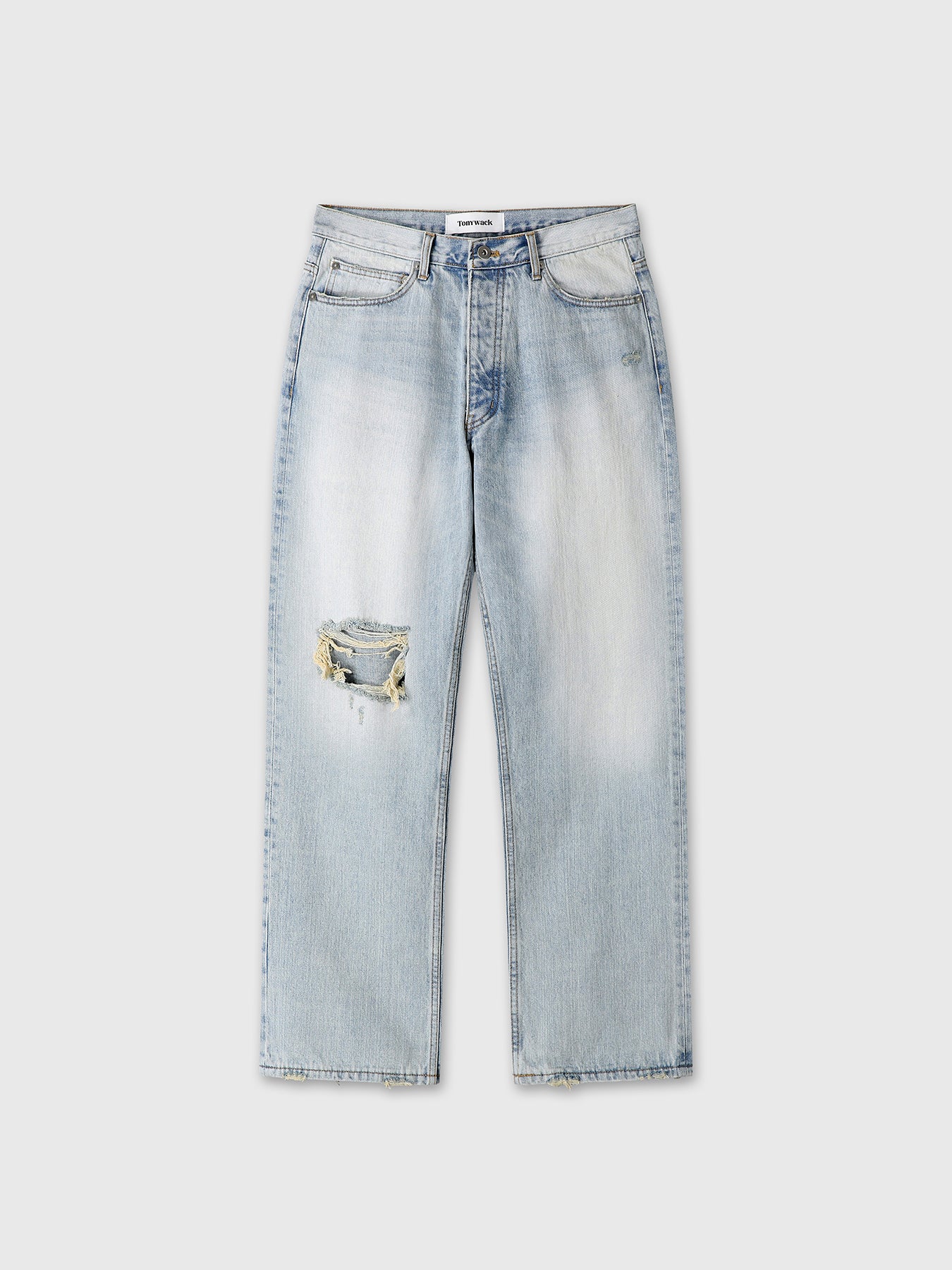 DISTRESSED LOOSE STRAIGHT DENIM JEANS_ LIGHT BLUE