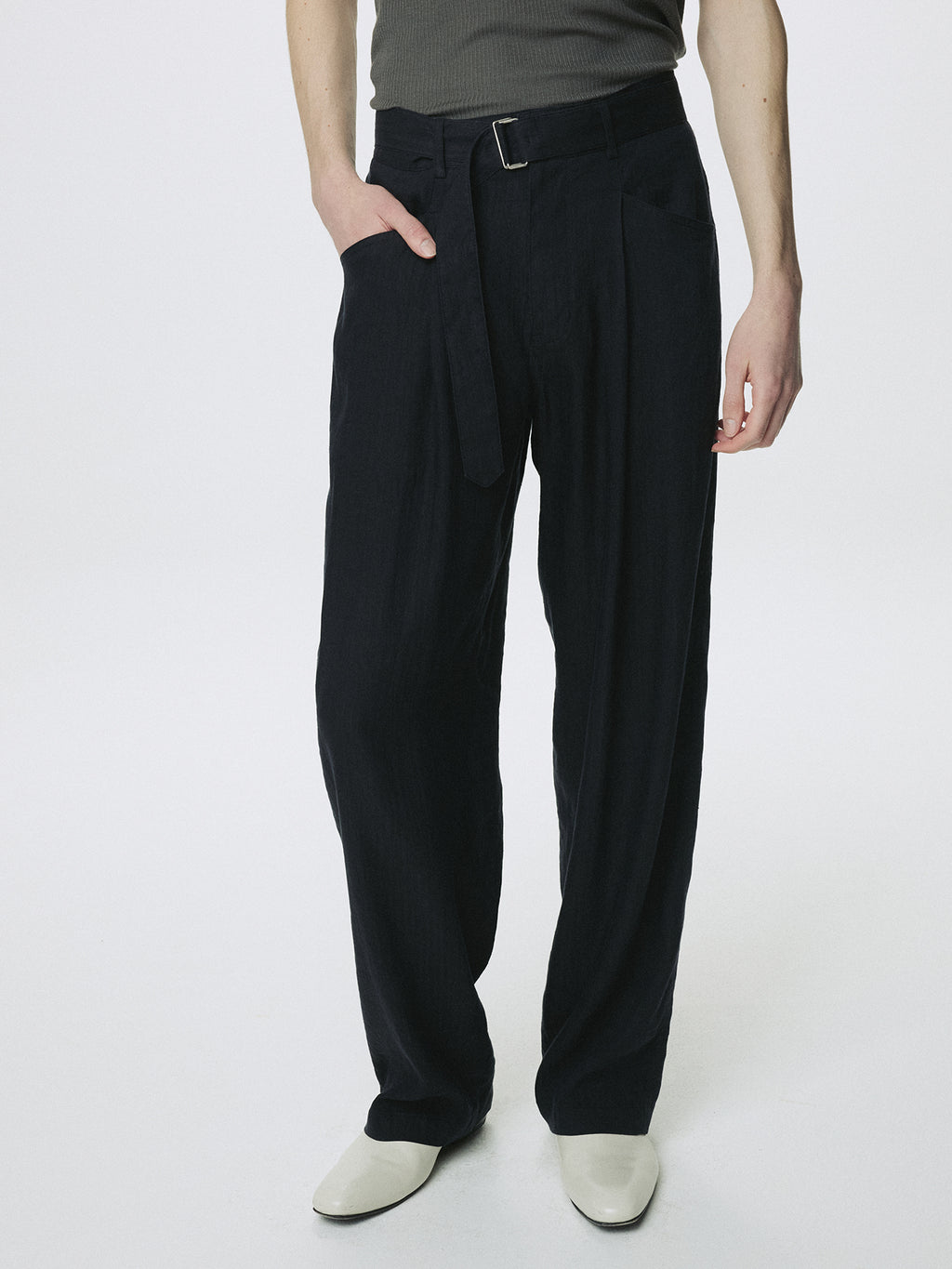WASHED LINEN BELTED PANTS (ITALIAN FABRIC)_ DARK NAVY