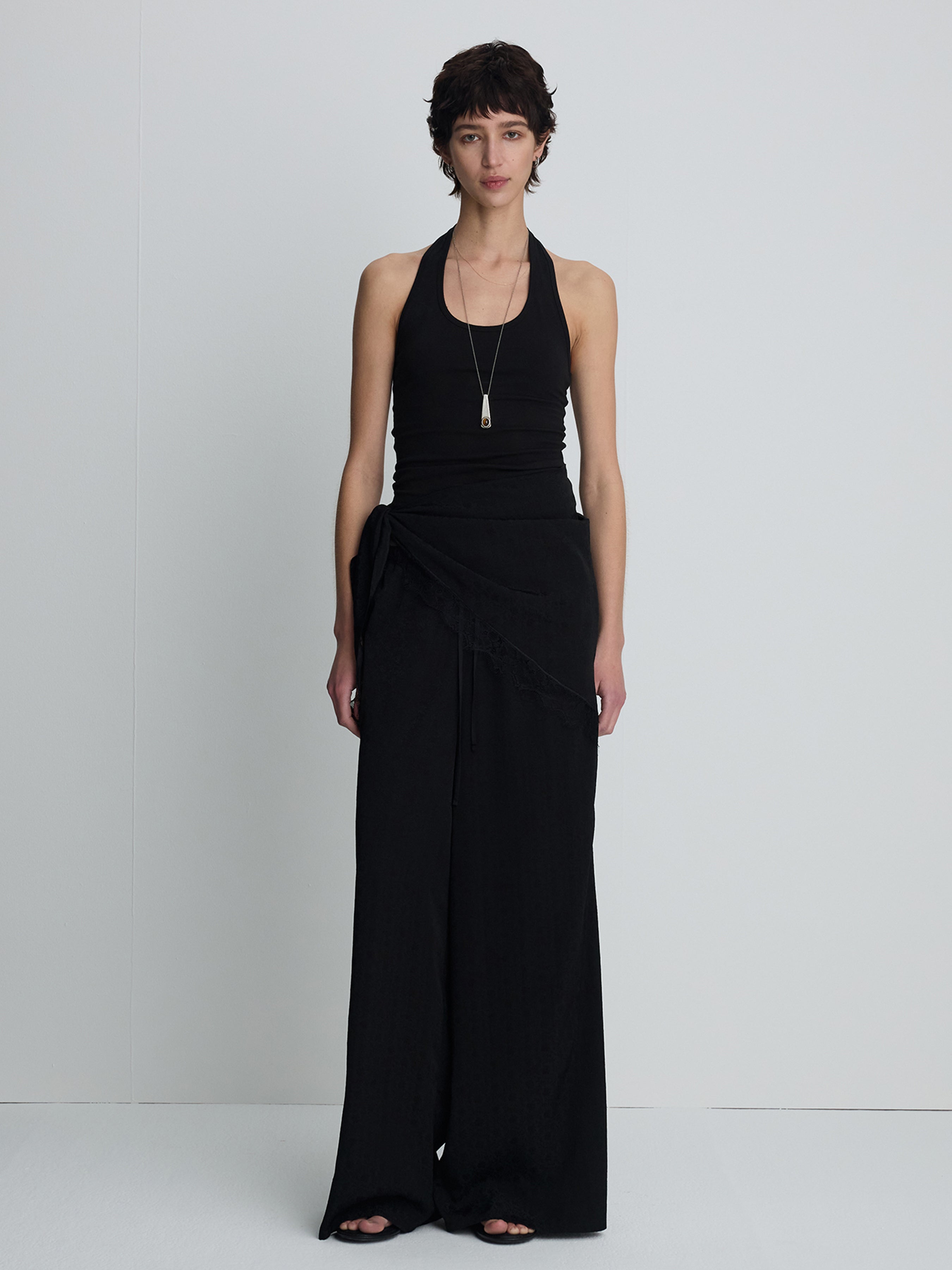 (W) JACQUARD WRAP LOOSE FIT PANTS_ BLACK